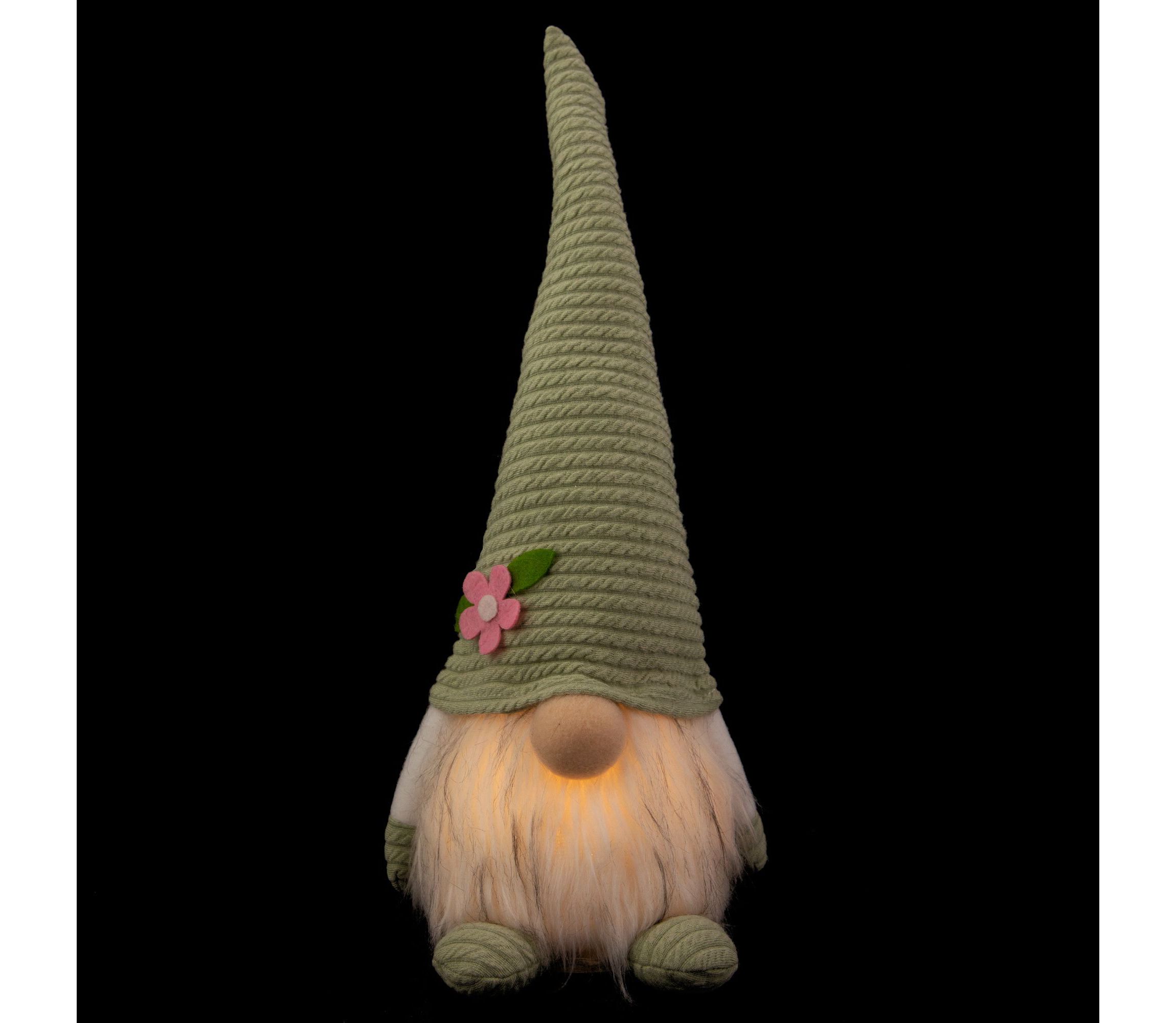 12.25" Lighted Green Spring Gnome with Flower Hat