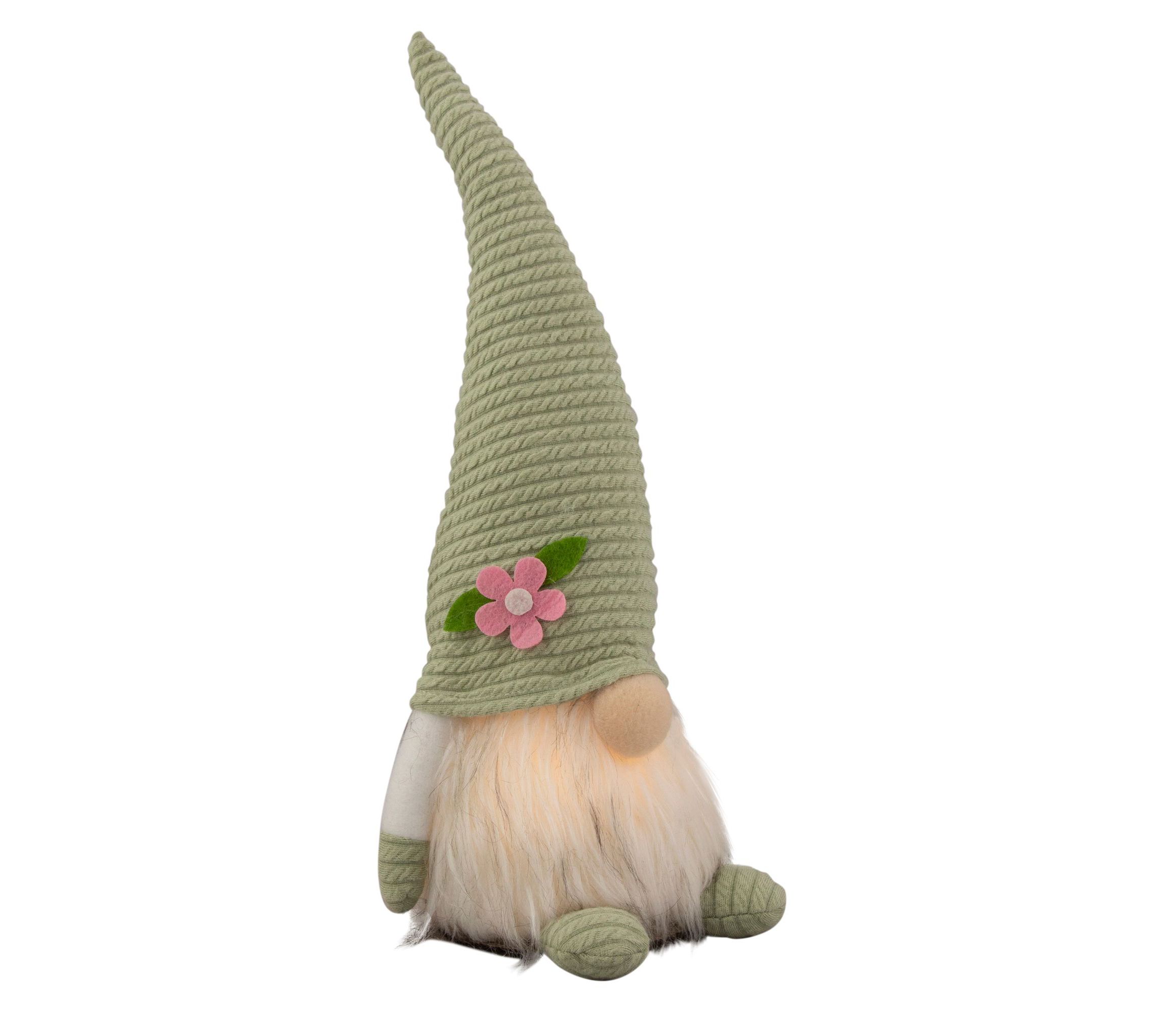 12.25" Lighted Green Spring Gnome with Flower Hat