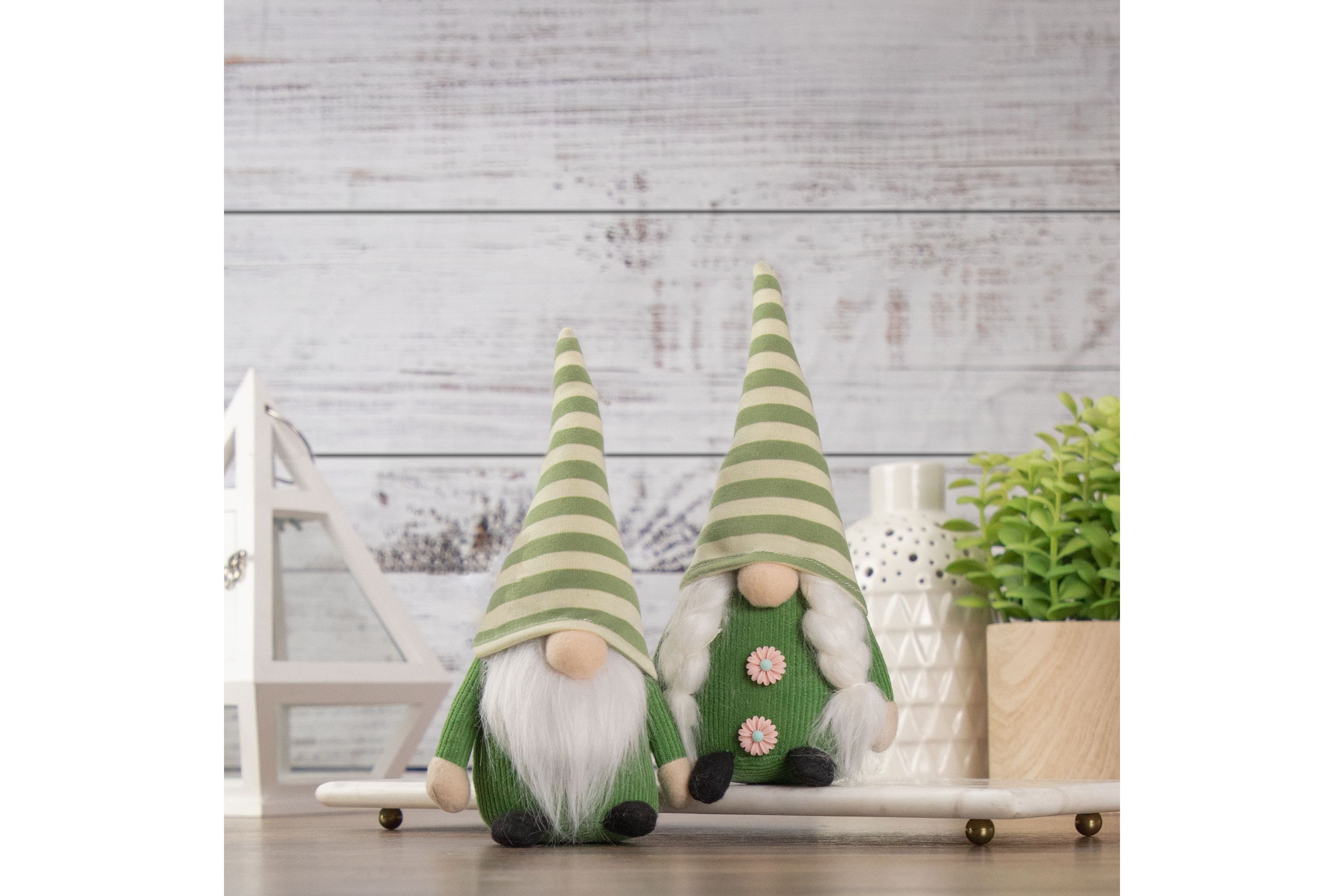 9.25" Green Striped Hat Girl Springtime Gnome