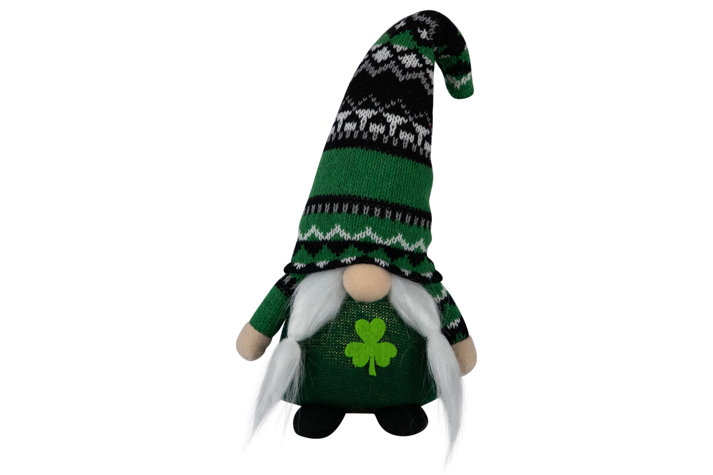 11.5" LED Lighted St. Patricks Day Girl Gnome with Knitted Irish Fair Isle Hat