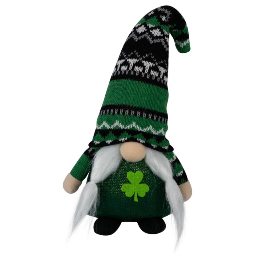 11.5" LED Lighted St. Patricks Day Girl Gnome with Knitted Irish Fair Isle Hat