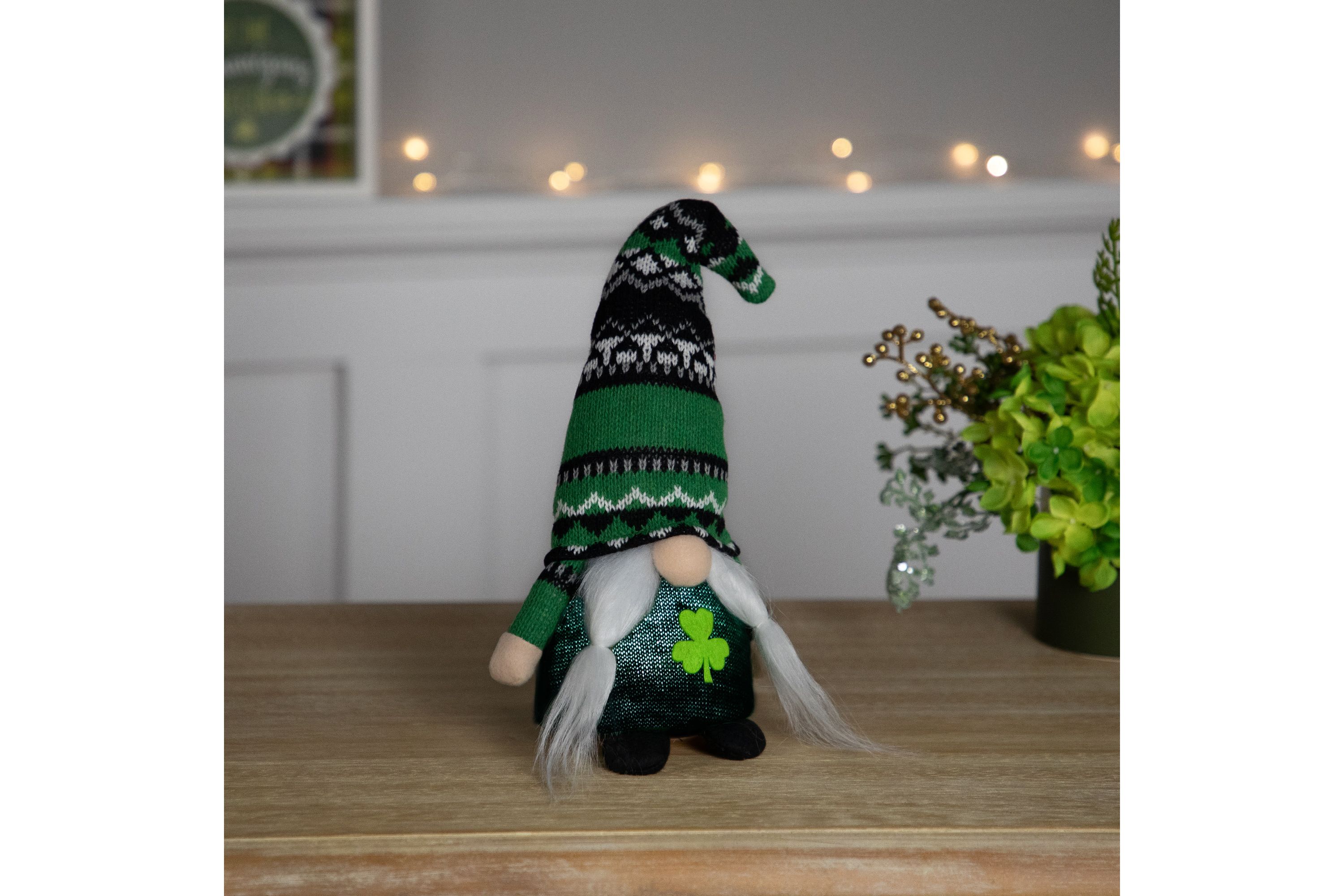 11.5" LED Lighted St. Patricks Day Girl Gnome with Knitted Irish Fair Isle Hat