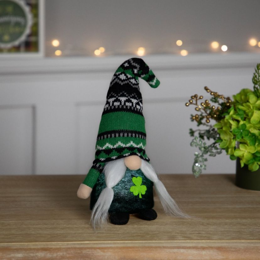11.5" LED Lighted St. Patricks Day Girl Gnome with Knitted Irish Fair Isle Hat