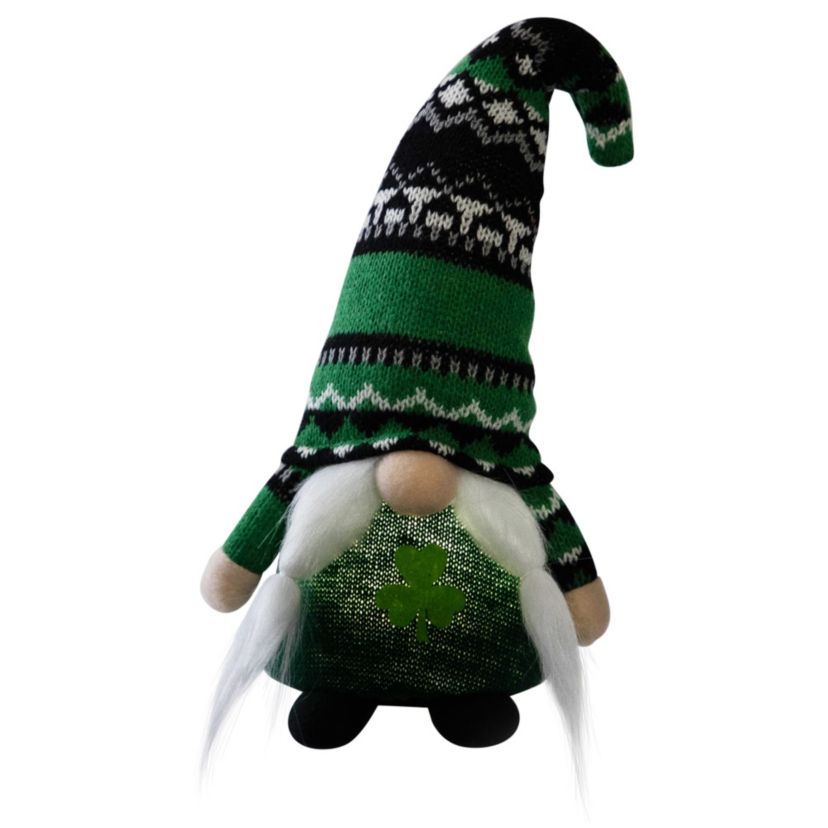 11.5" LED Lighted St. Patricks Day Girl Gnome with Knitted Irish Fair Isle Hat