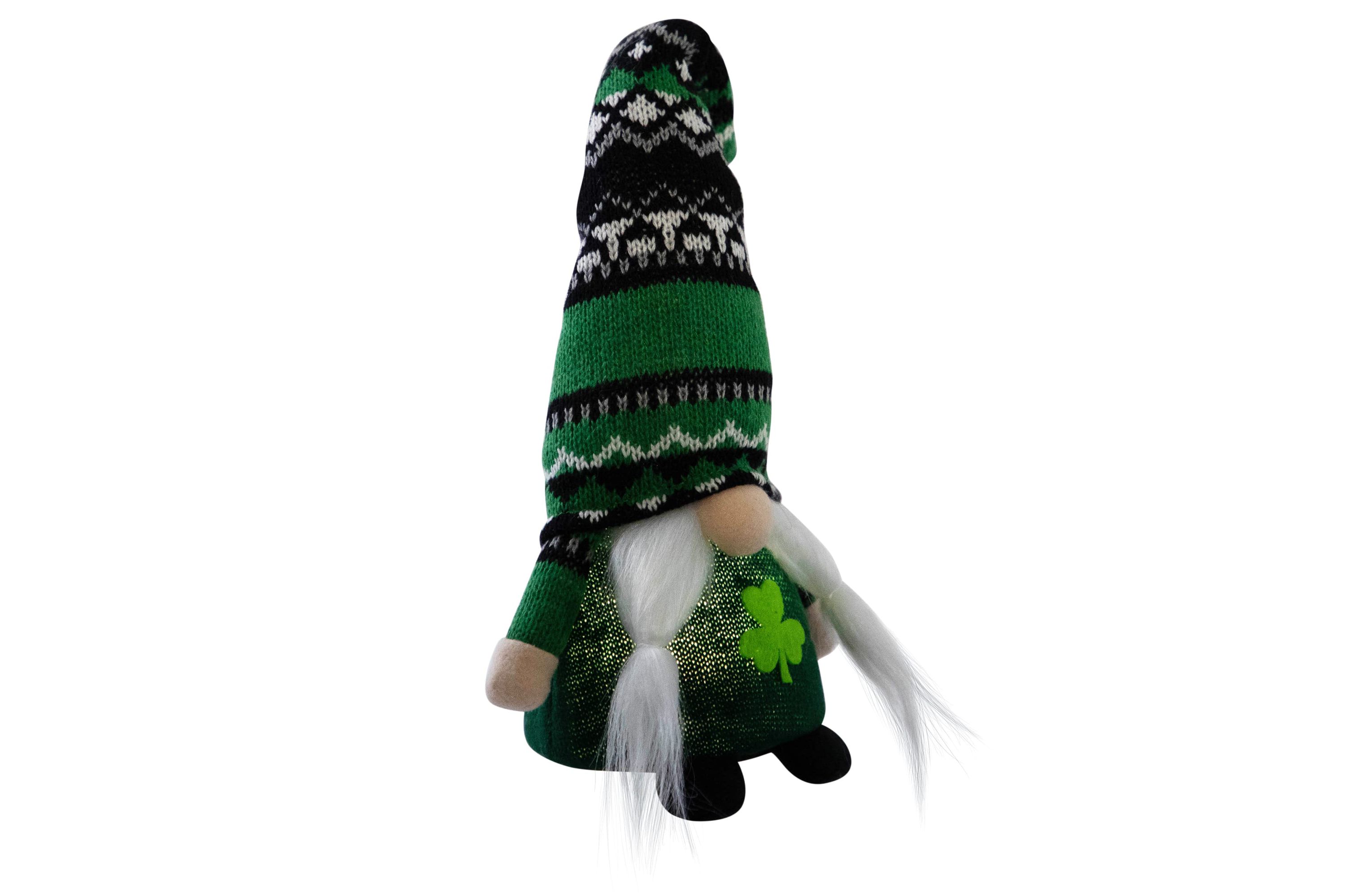 11.5" LED Lighted St. Patricks Day Girl Gnome with Knitted Irish Fair Isle Hat