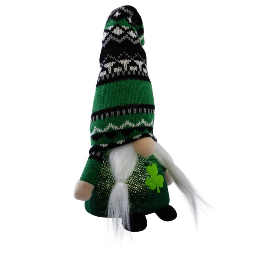 11.5" LED Lighted St. Patricks Day Girl Gnome with Knitted Irish Fair Isle Hat