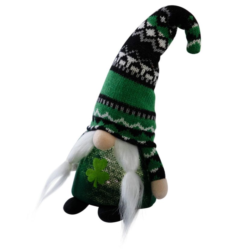 11.5" LED Lighted St. Patricks Day Girl Gnome with Knitted Irish Fair Isle Hat