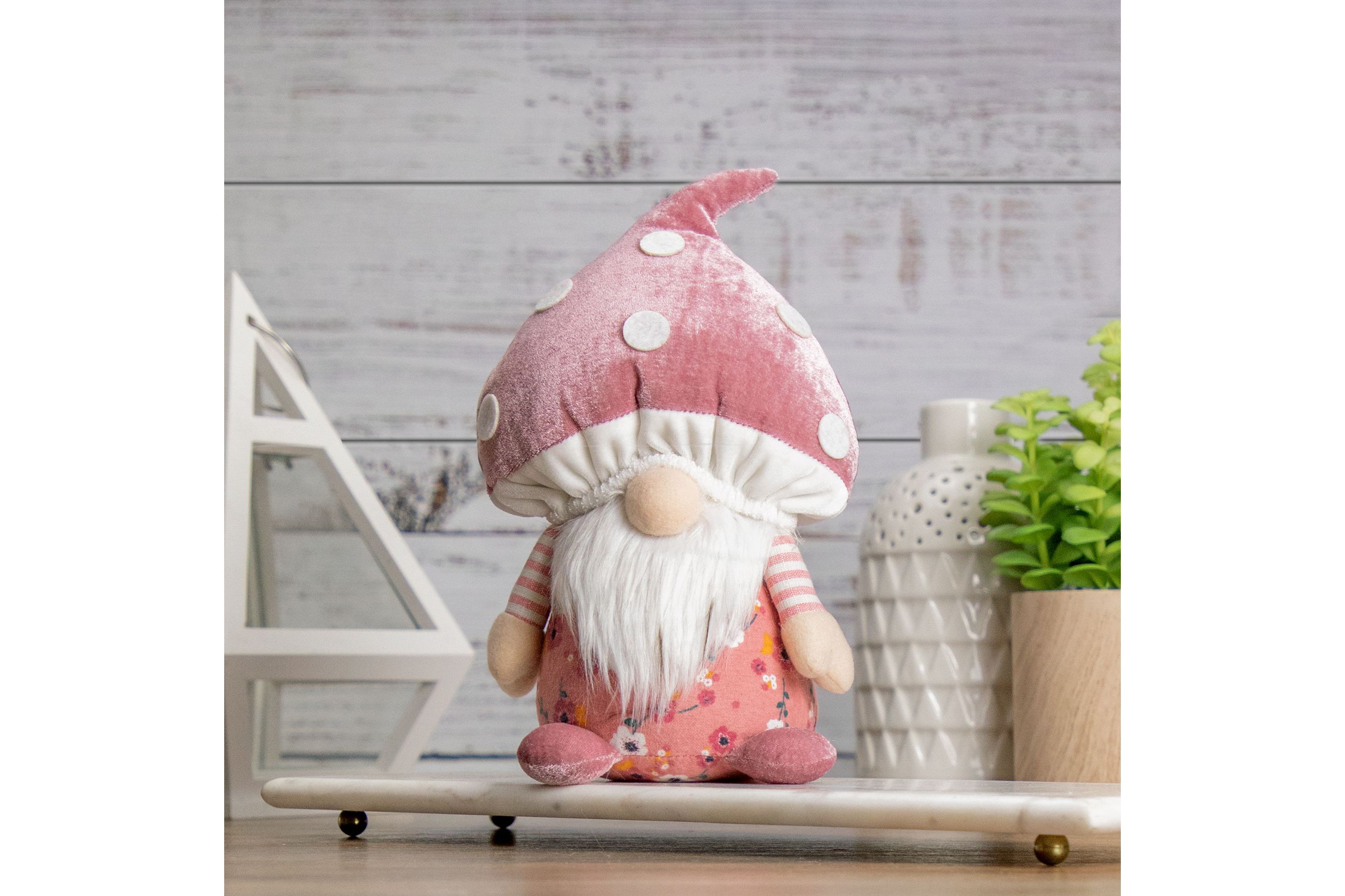 10.5" Pink Springtime Floral Mushroom Gnome