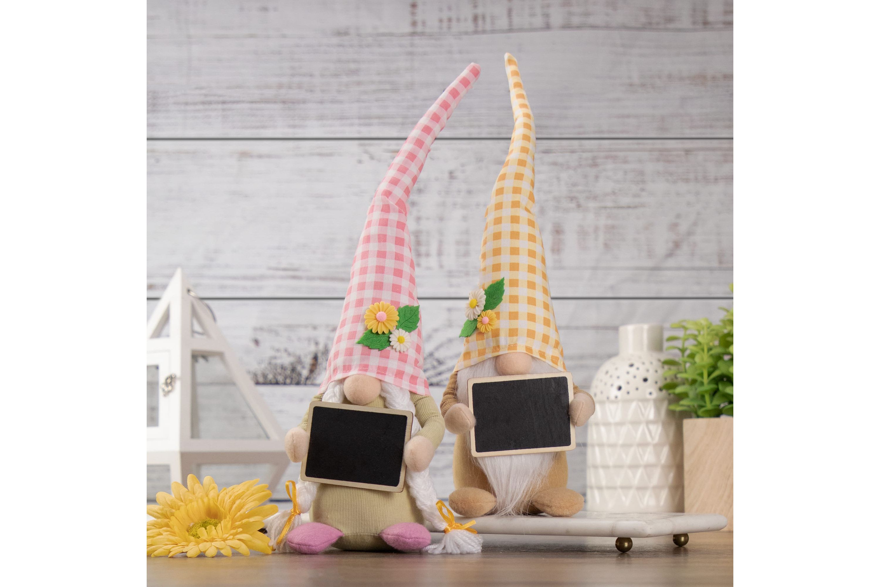 16" Yellow Gingham Plaid Springtime Gnome with Chalkboard