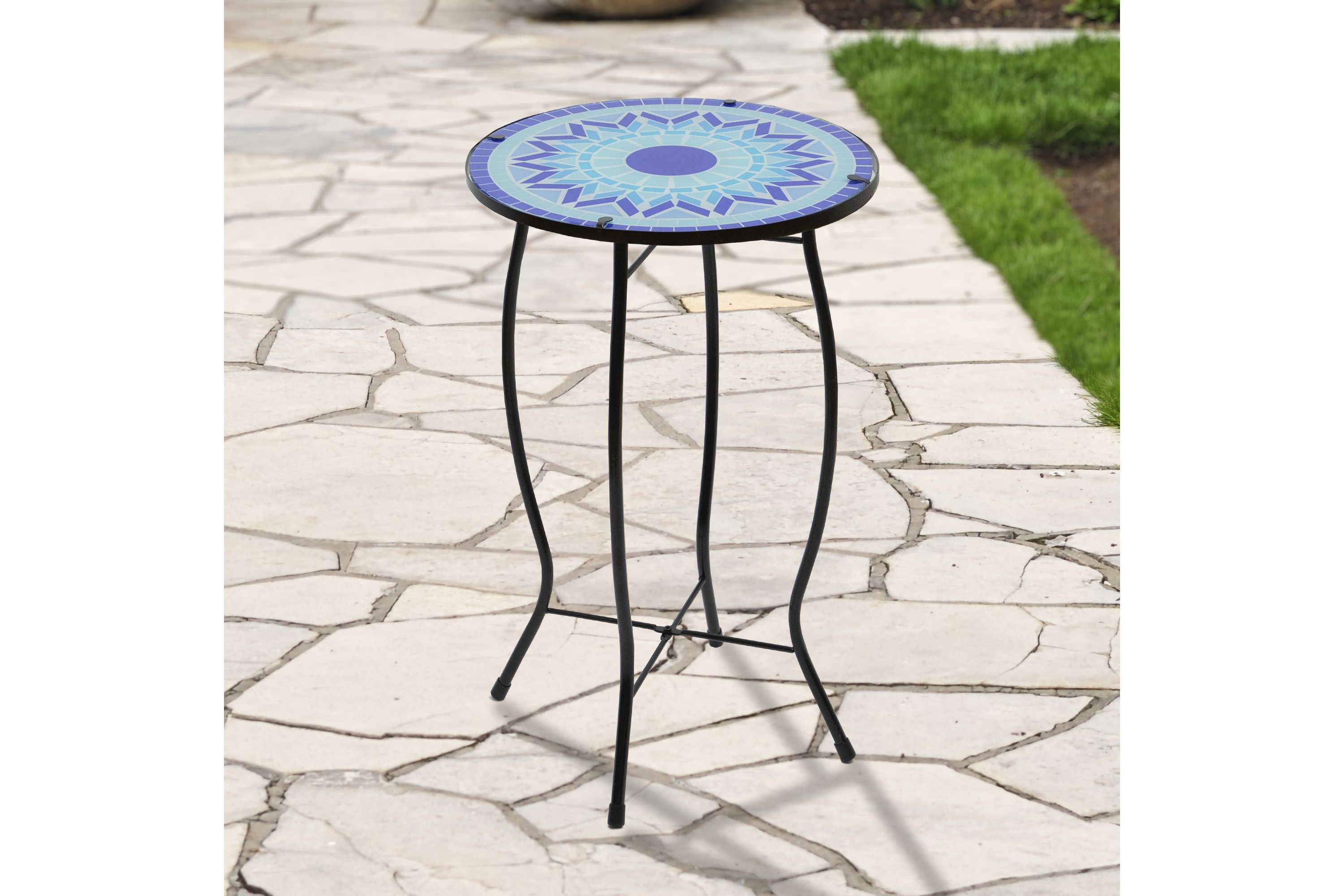 19" Blue Sun Mosaic Glass Patio Side Table