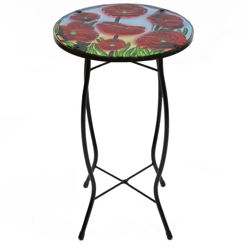 19" Red Floral Poppies Glass Patio Side Table
