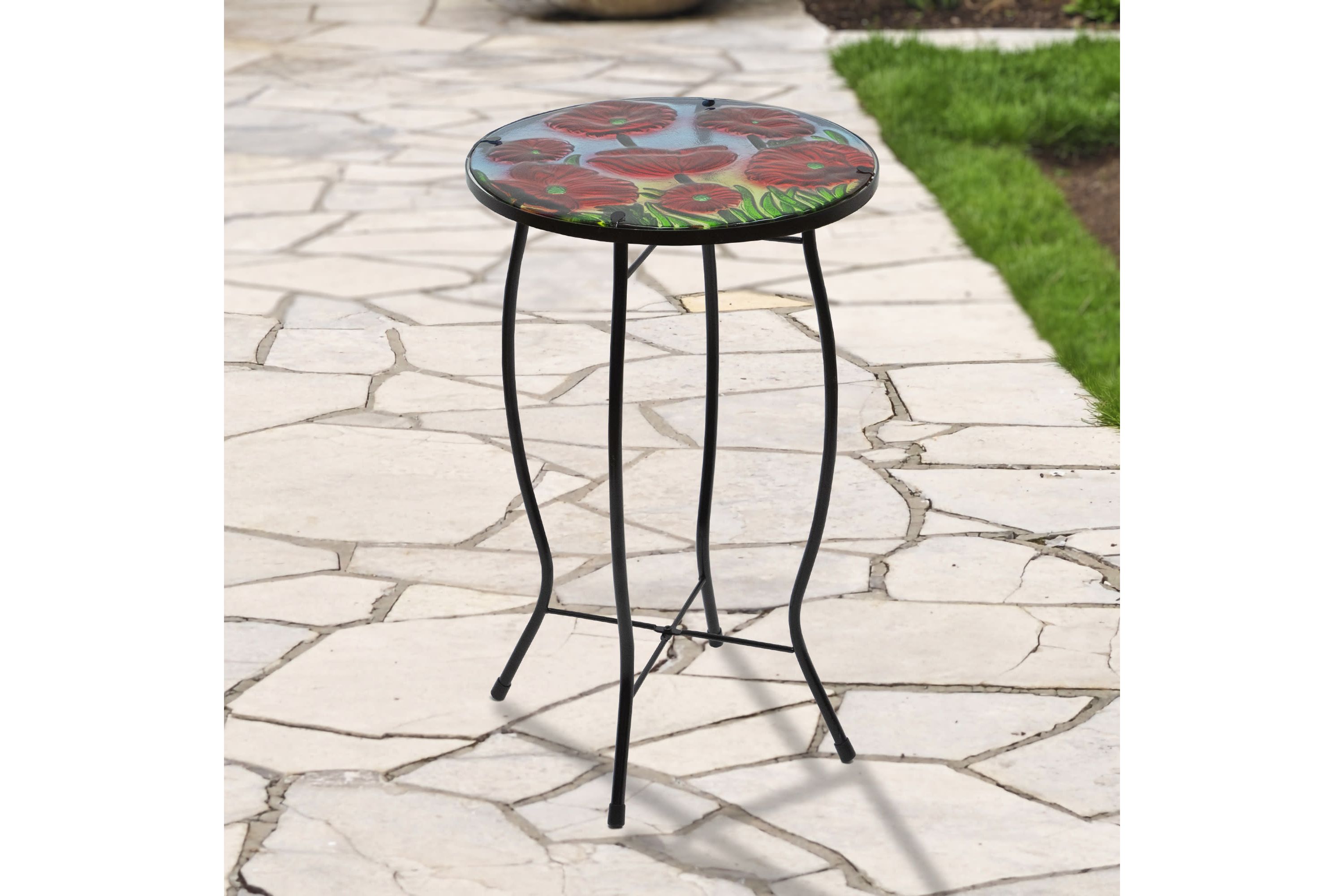 19" Red Floral Poppies Glass Patio Side Table