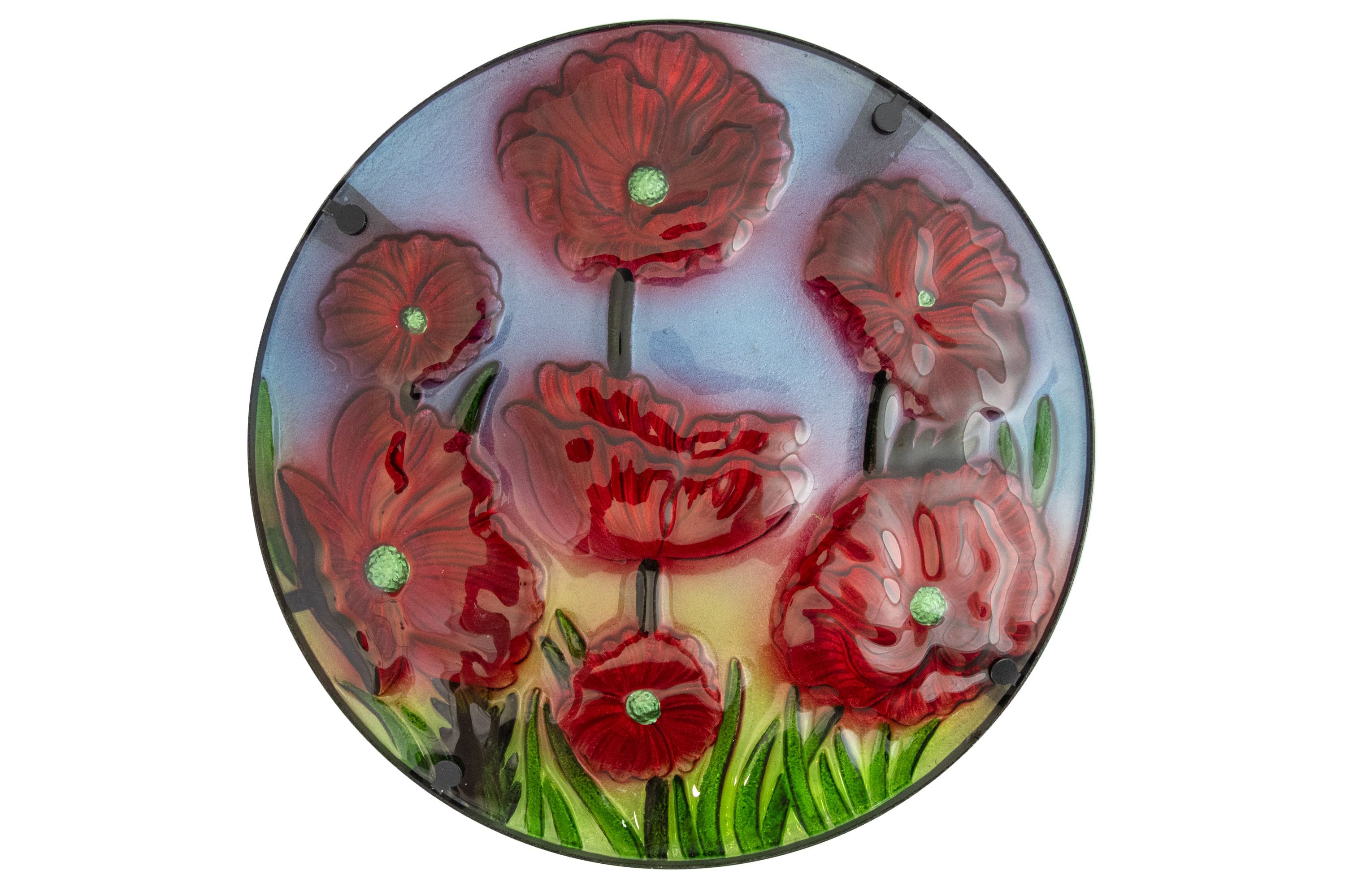 19" Red Floral Poppies Glass Patio Side Table