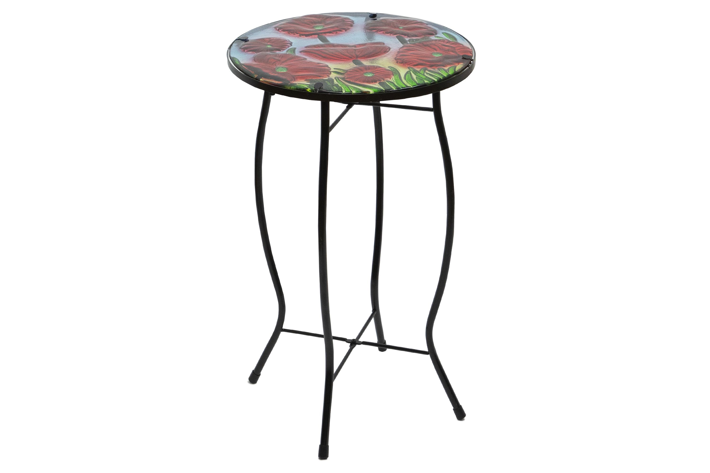19" Red Floral Poppies Glass Patio Side Table
