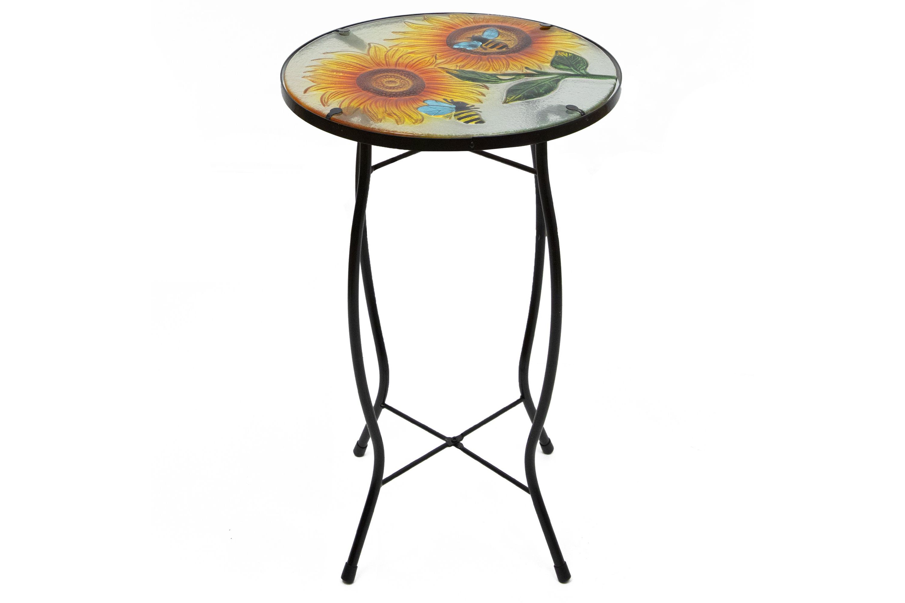 19" Sunflower and Bumblebee Glass Patio Side Table