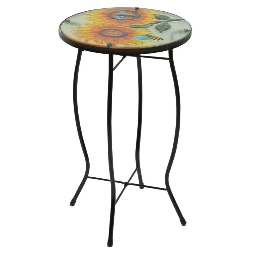 19" Sunflower and Bumblebee Glass Patio Side Table