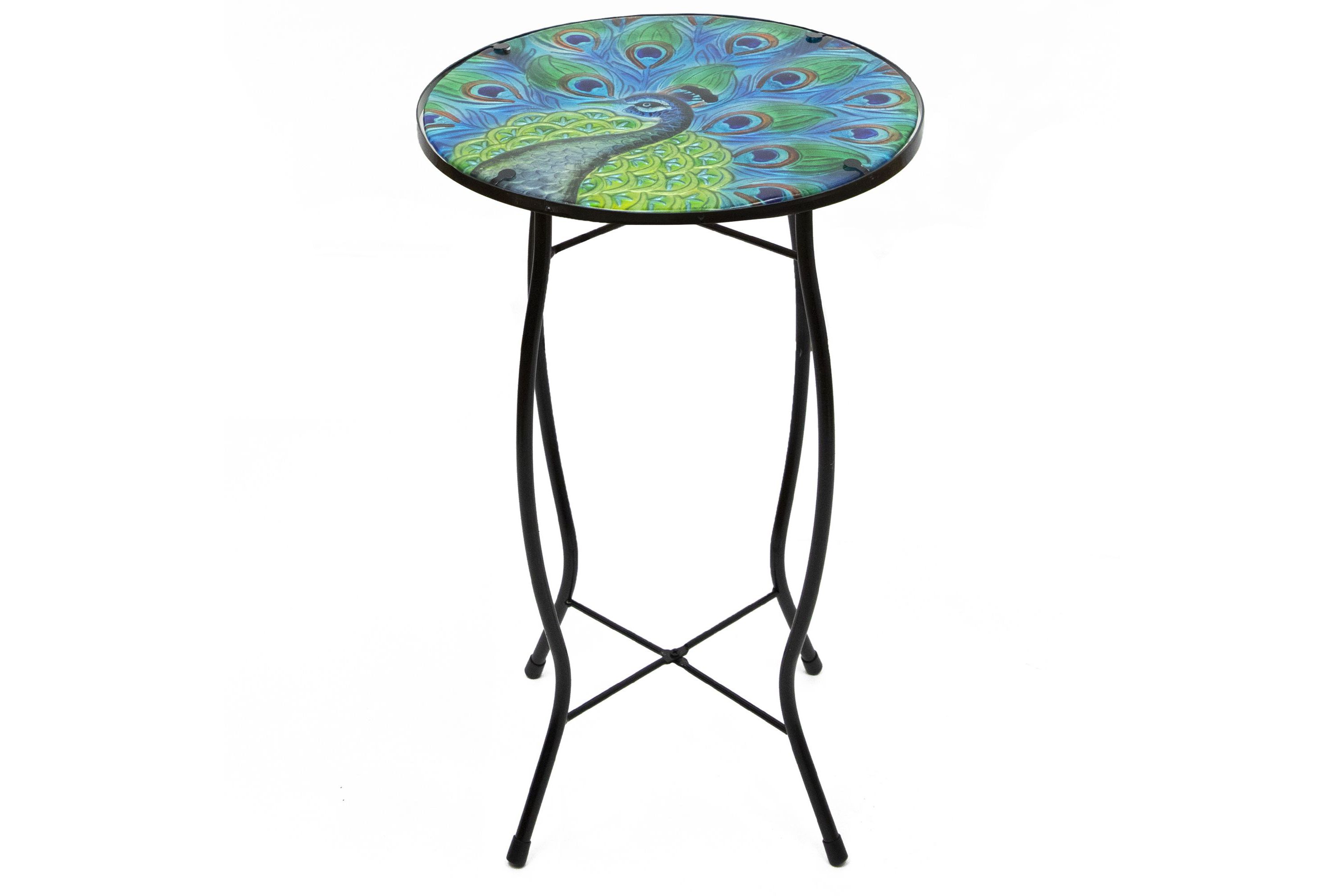 19" Blue and Green Peacock Glass Patio Side Table