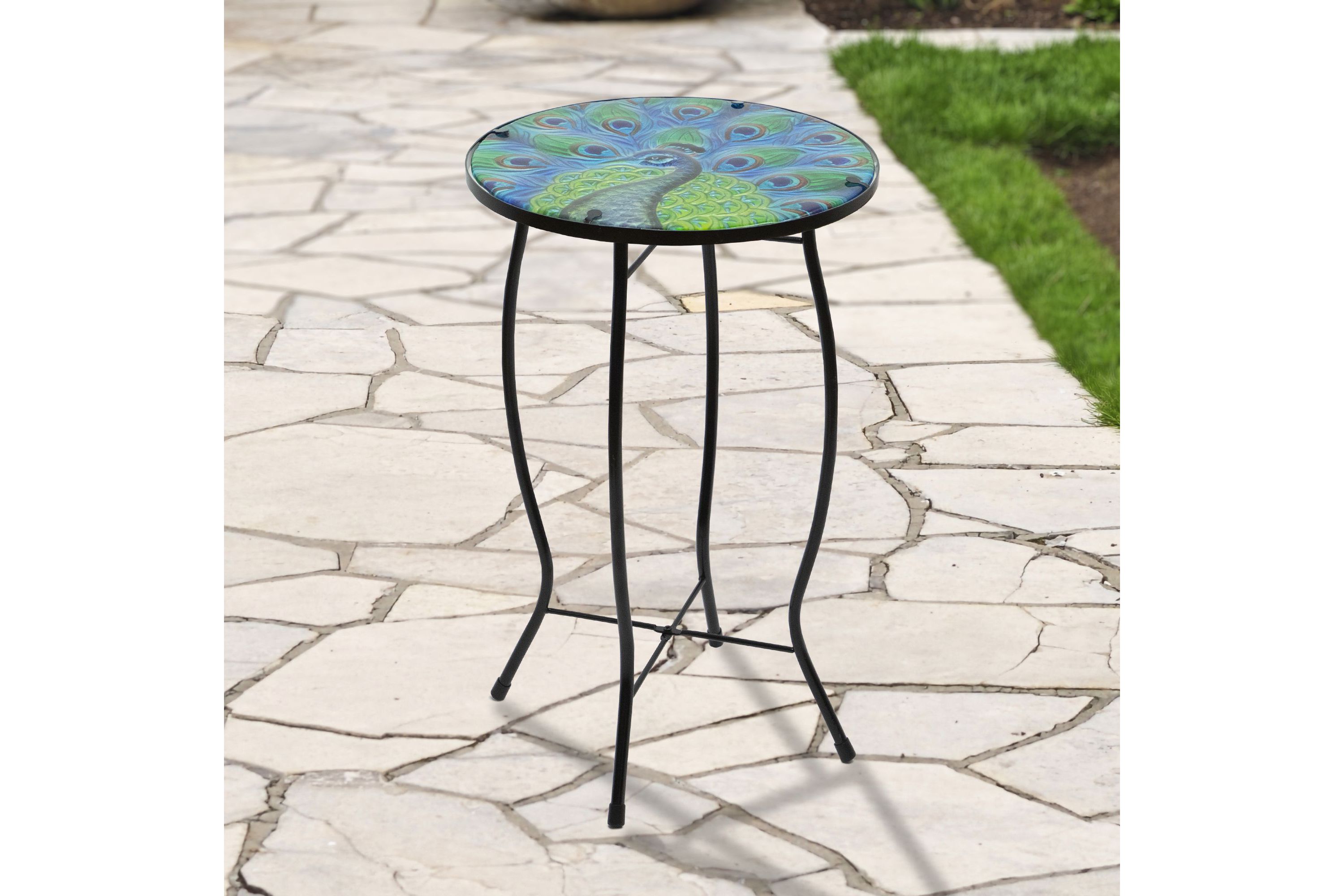 19" Blue and Green Peacock Glass Patio Side Table
