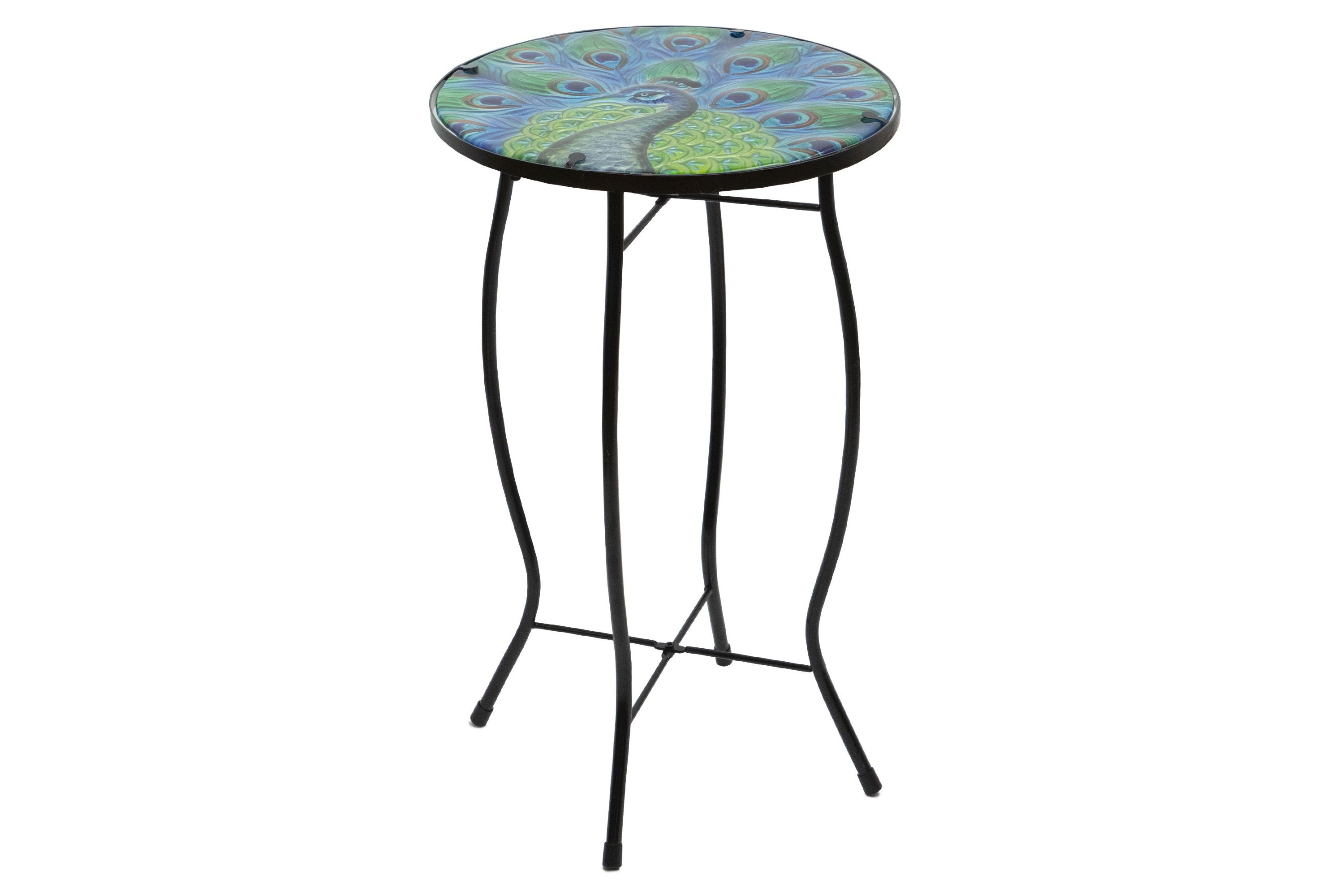 19" Blue and Green Peacock Glass Patio Side Table