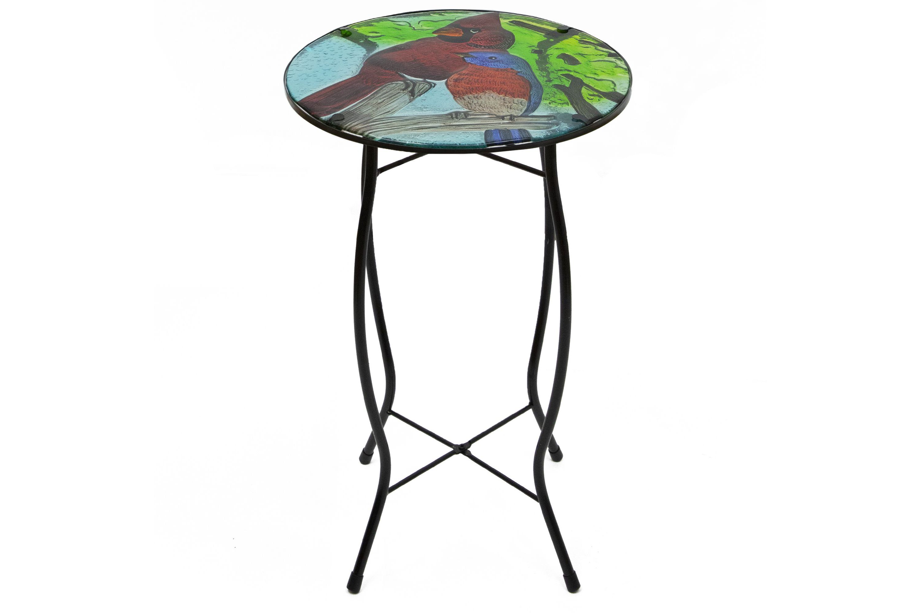 19" Blue and Red Cardinal Glass Patio Side Table