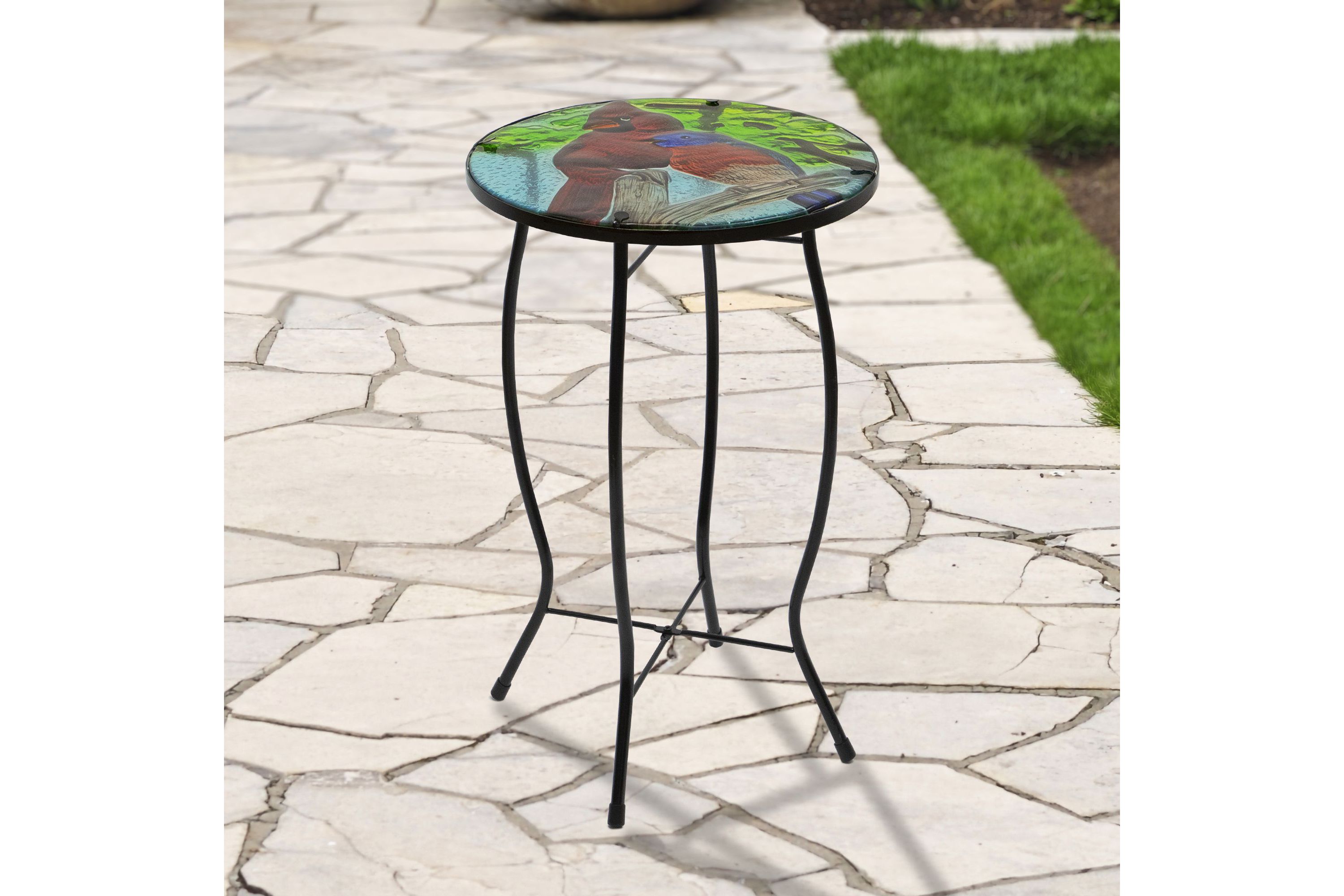 19" Blue and Red Cardinal Glass Patio Side Table