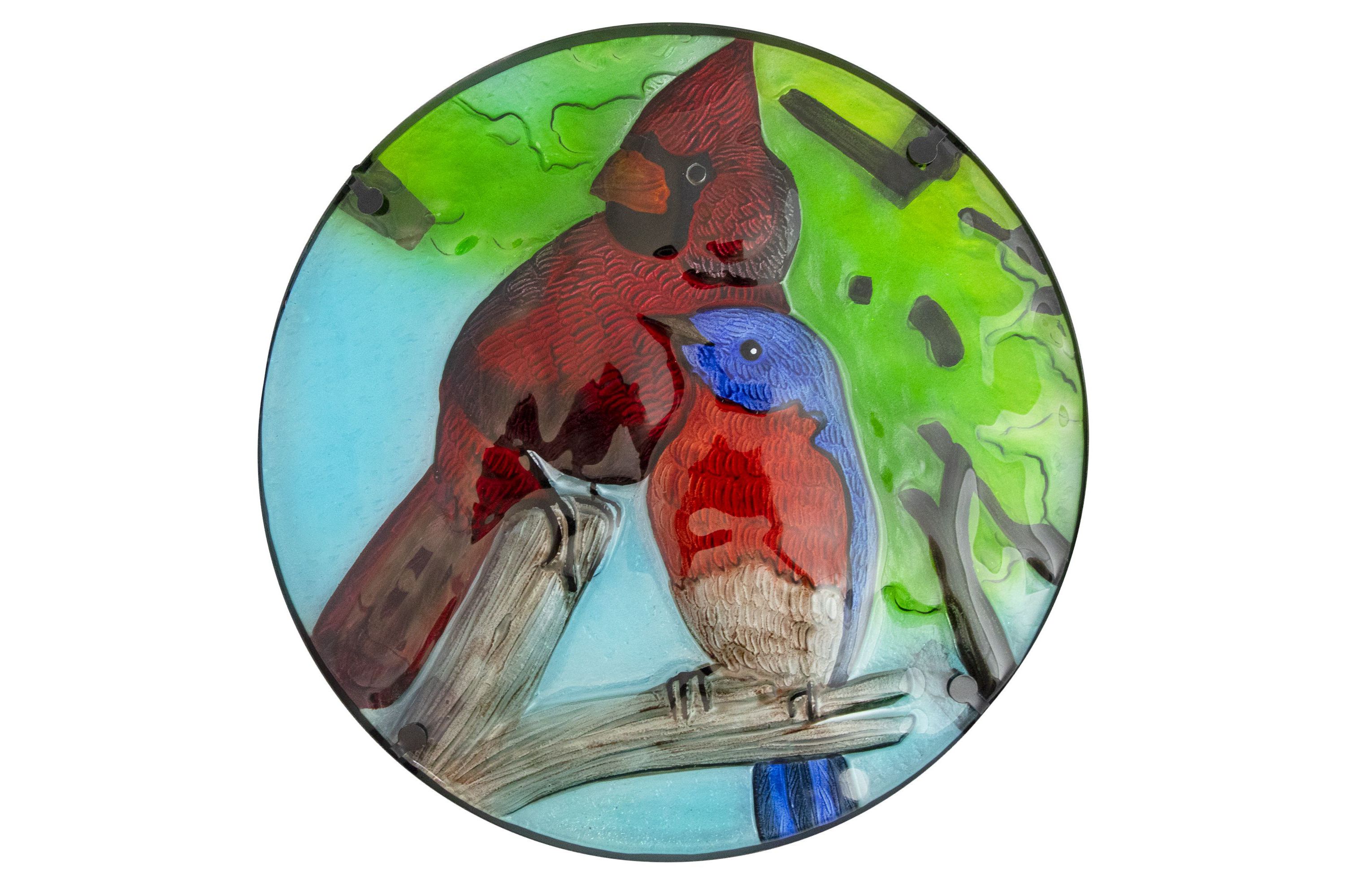 19" Blue and Red Cardinal Glass Patio Side Table