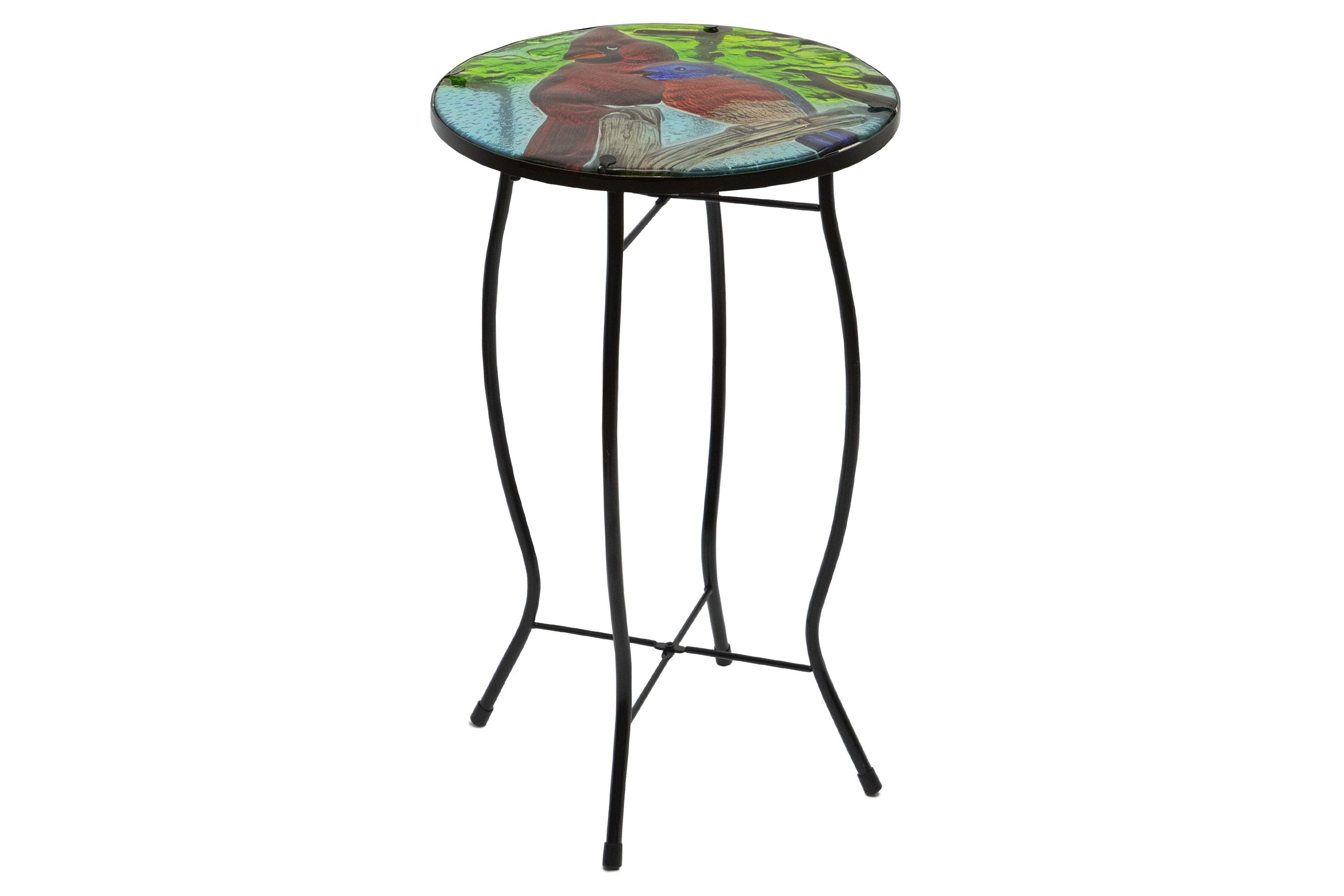 19" Blue and Red Cardinal Glass Patio Side Table