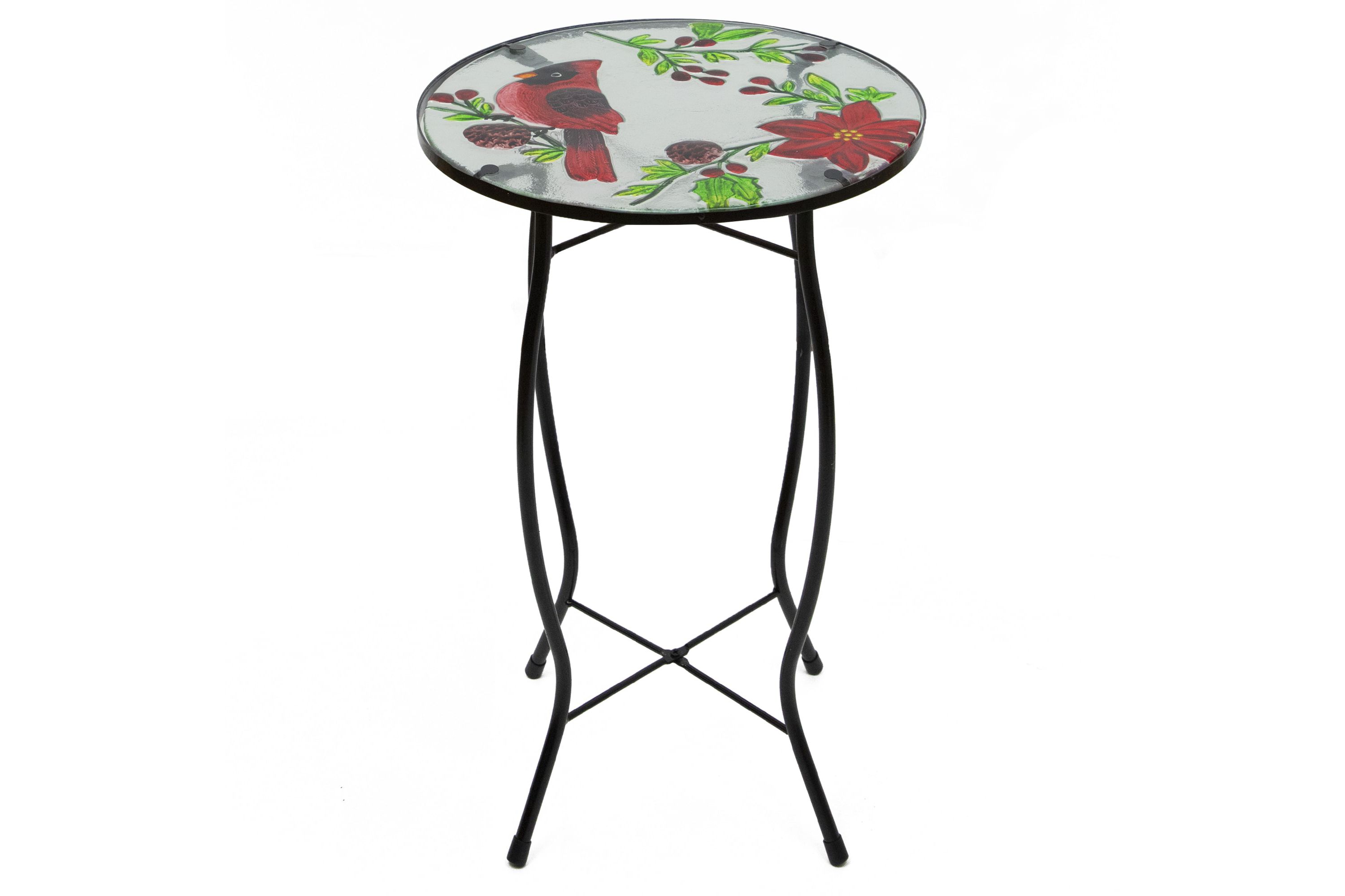 19" Red Cardinal and Pine Cone Glass Patio Side Table
