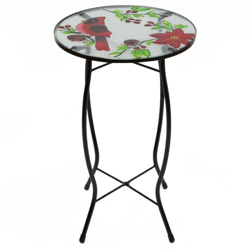 19" Red Cardinal and Pine Cone Glass Patio Side Table