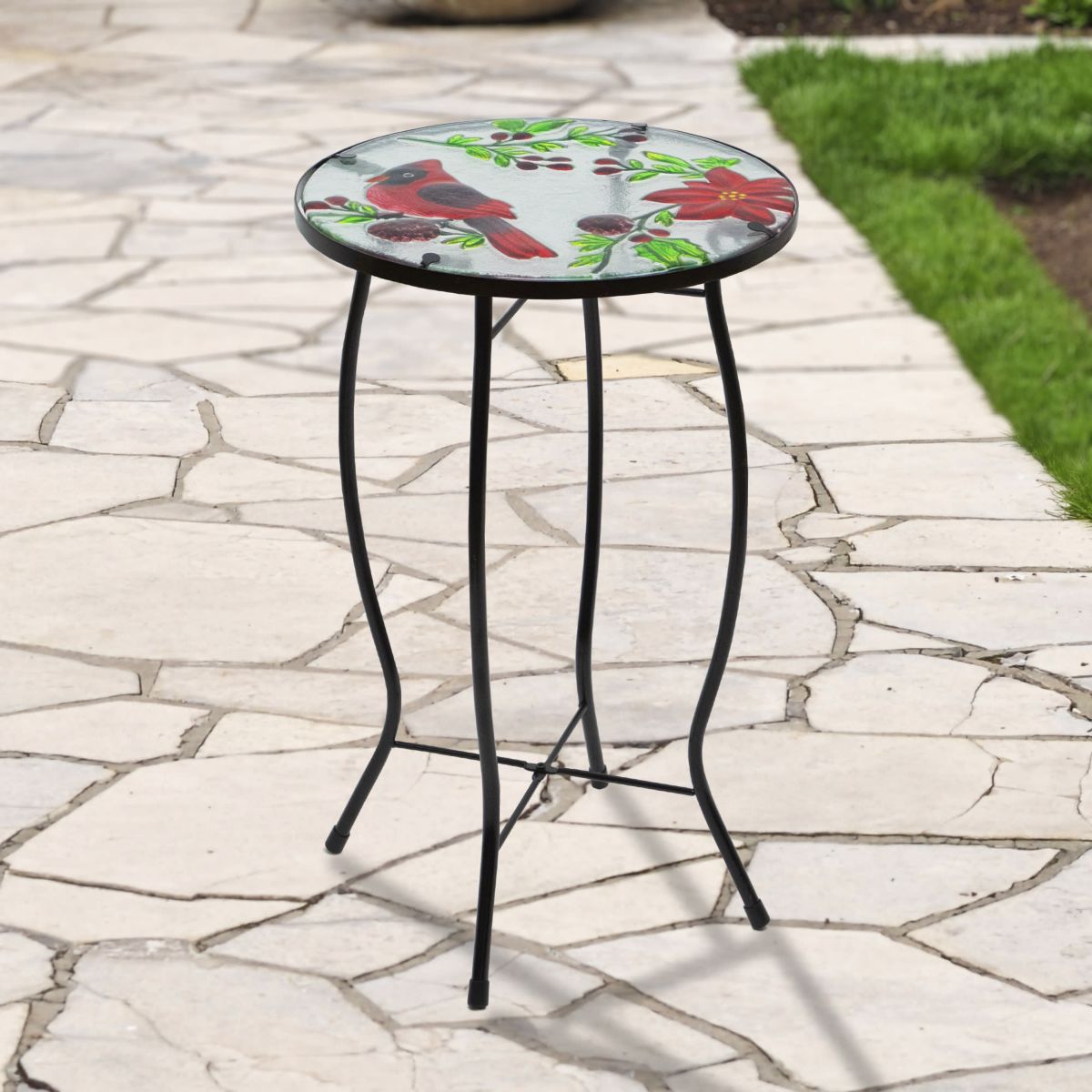 19" Red Cardinal and Pine Cone Glass Patio Side Table