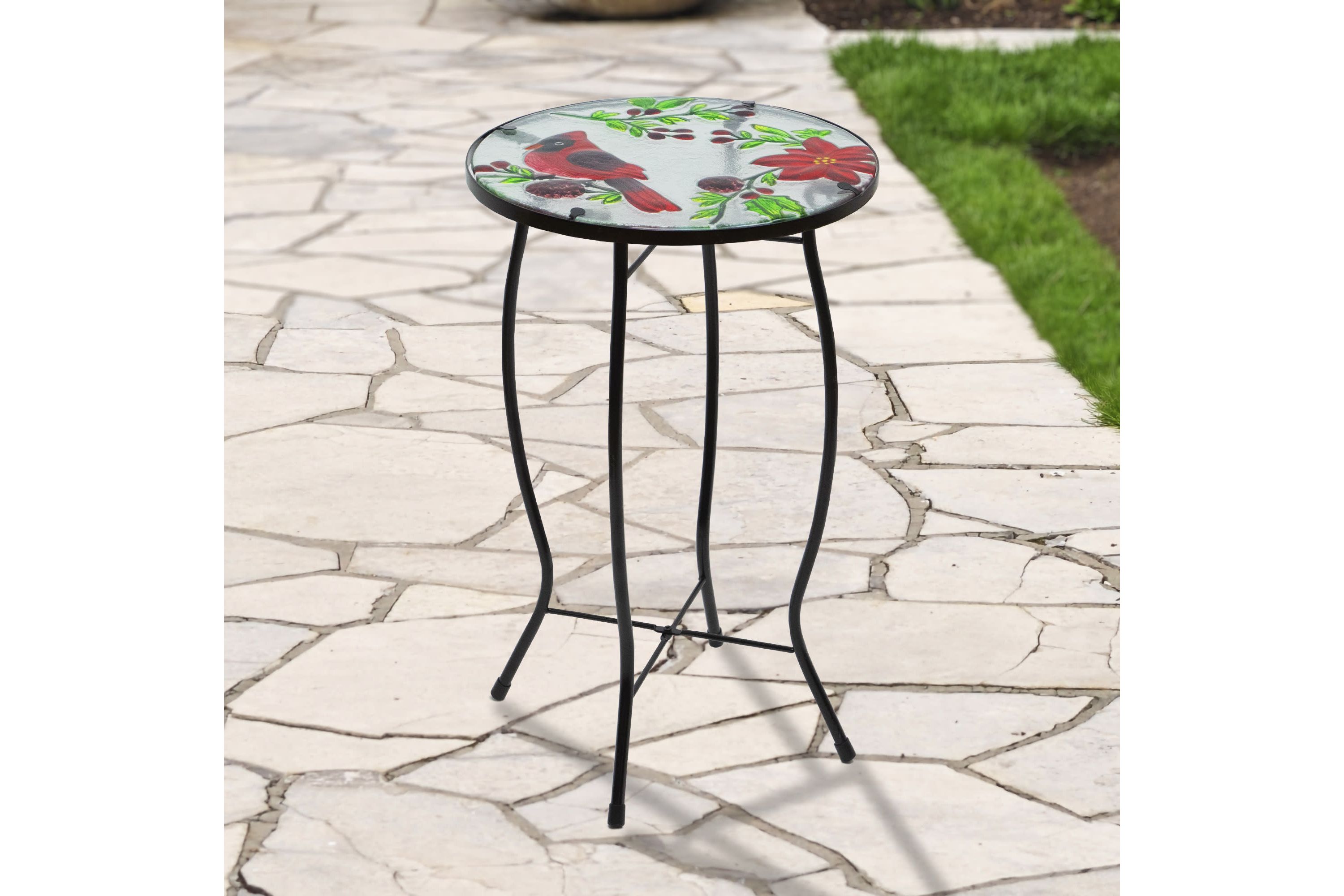 19" Red Cardinal and Pine Cone Glass Patio Side Table