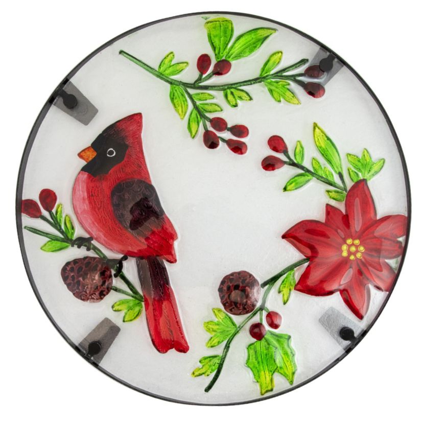 19" Red Cardinal and Pine Cone Glass Patio Side Table