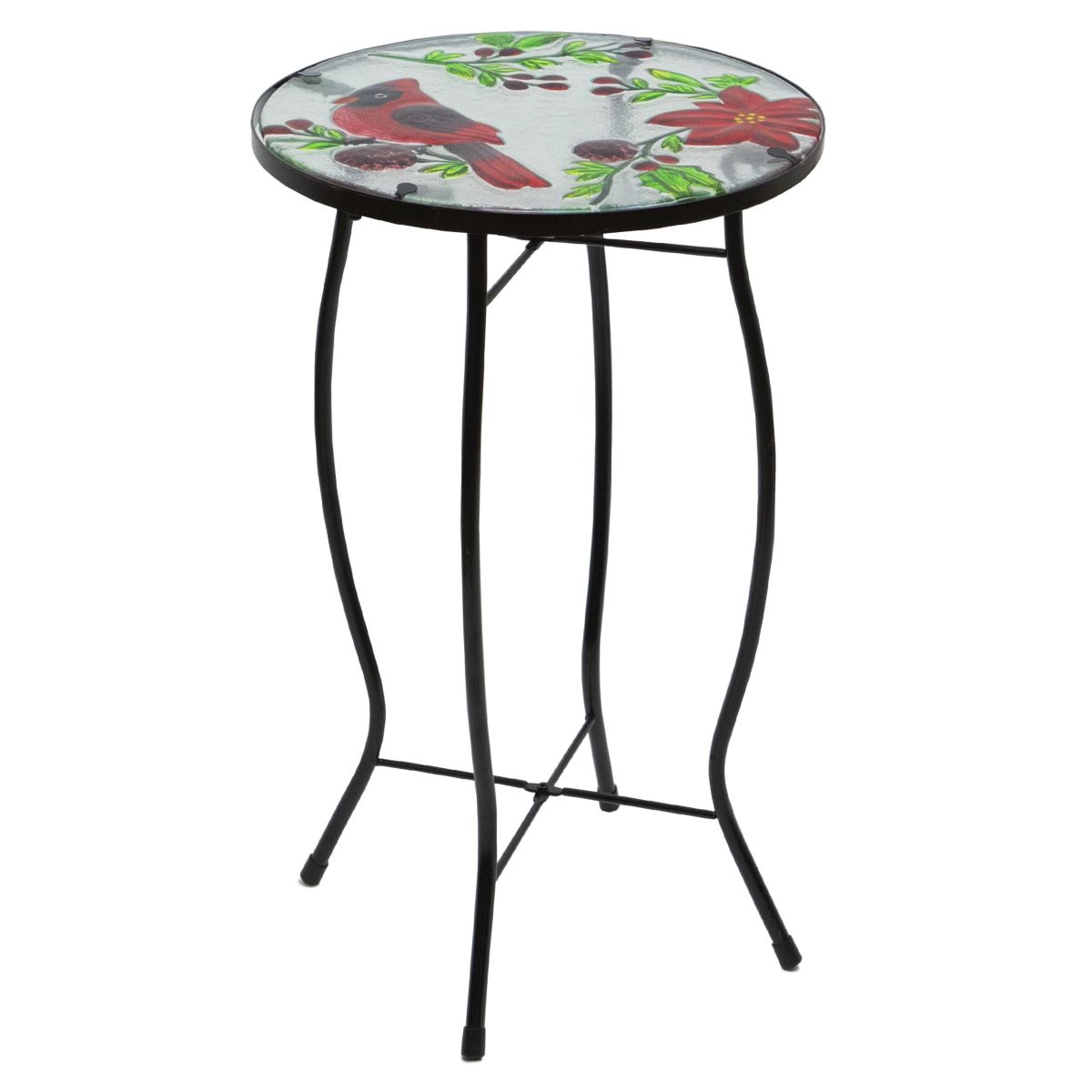 19" Red Cardinal and Pine Cone Glass Patio Side Table