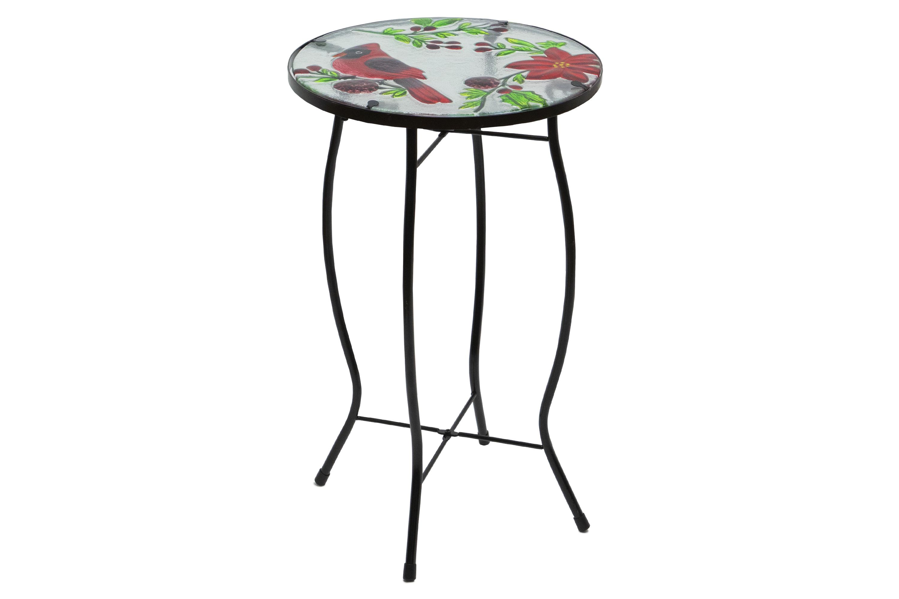 19" Red Cardinal and Pine Cone Glass Patio Side Table