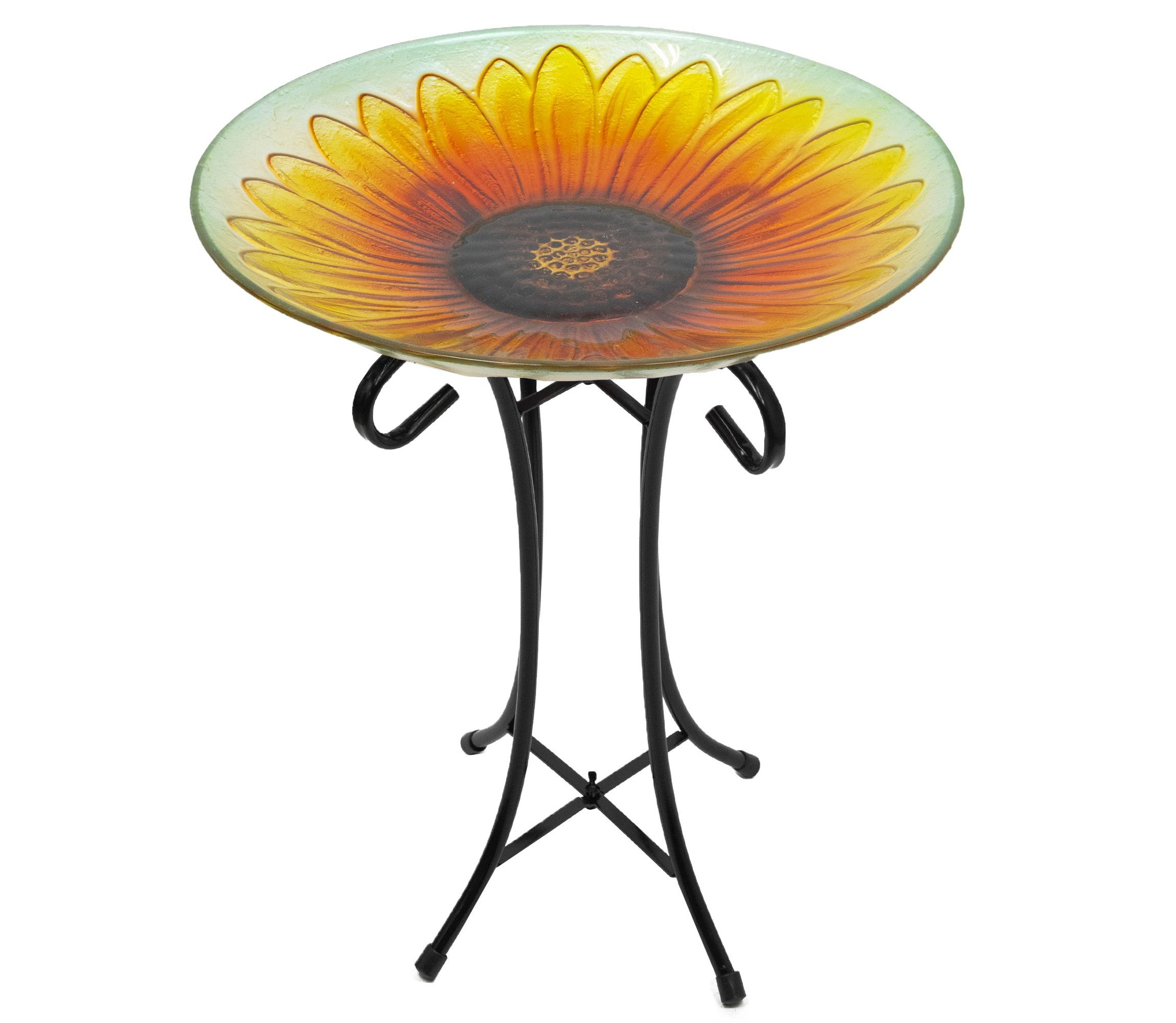 20.5" Orange and Yellow Sunflower Glass Bird Bath with Stand