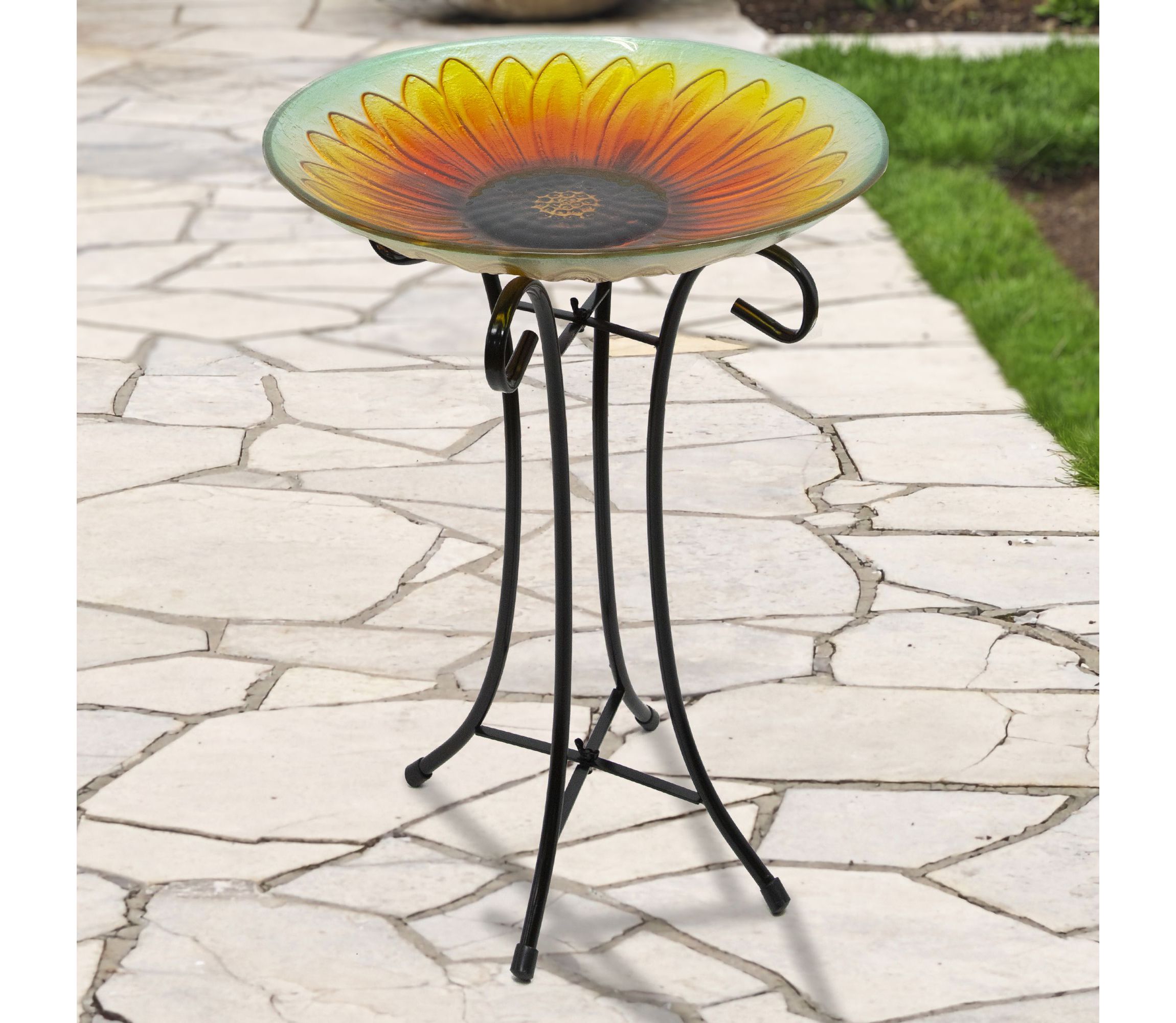 20.5" Orange and Yellow Sunflower Glass Bird Bath with Stand
