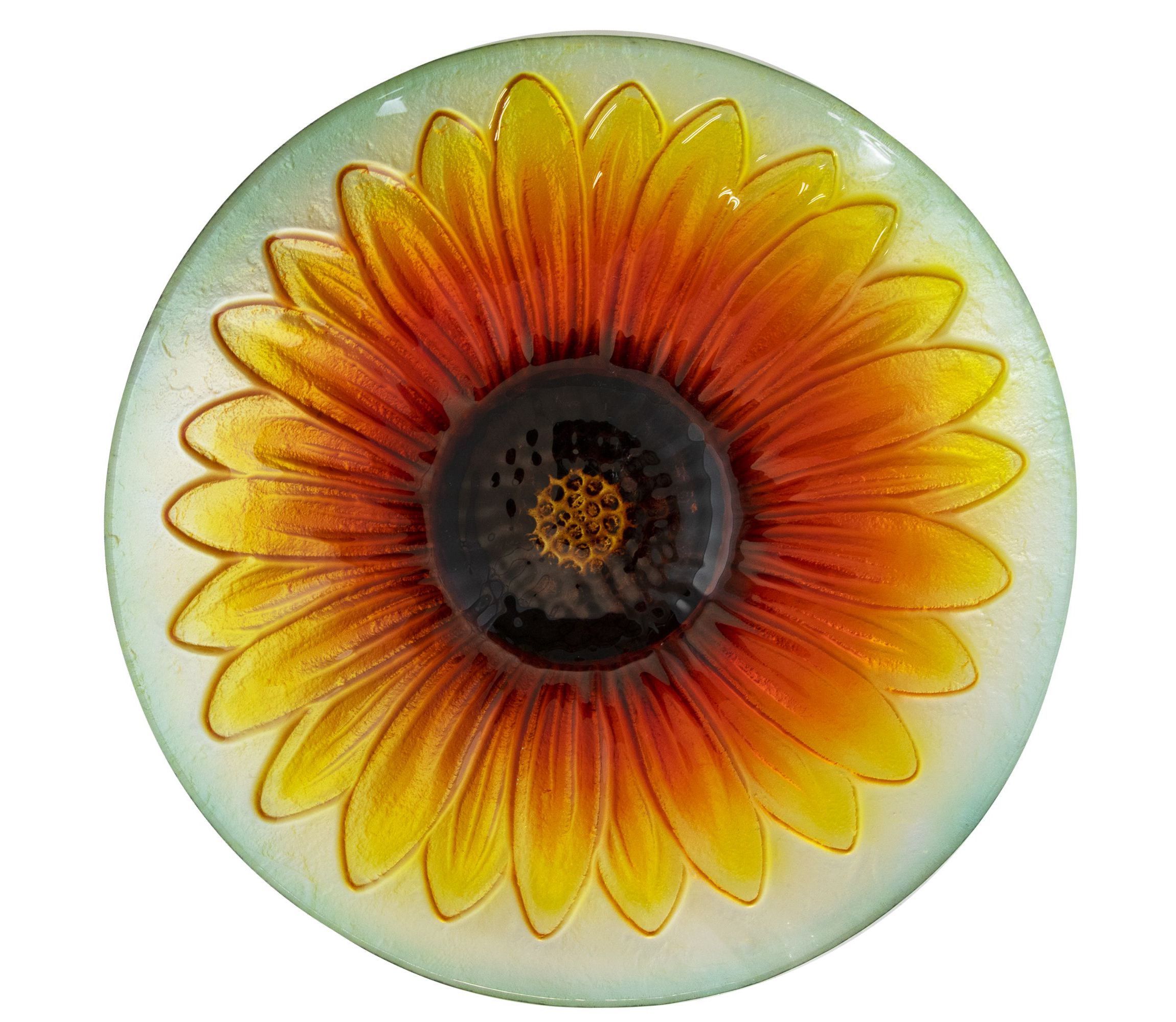 20.5" Orange and Yellow Sunflower Glass Bird Bath with Stand
