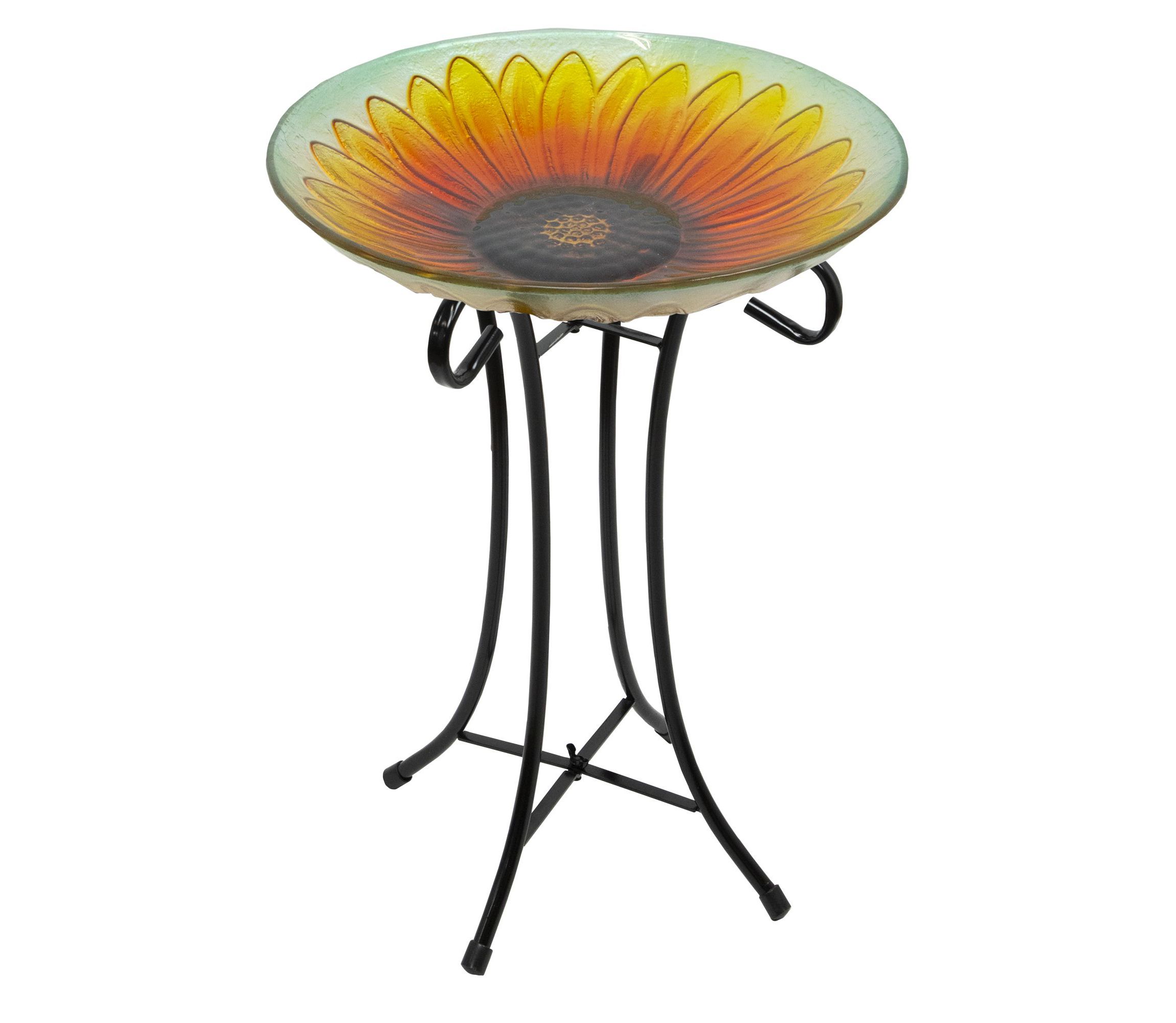 20.5" Orange and Yellow Sunflower Glass Bird Bath with Stand