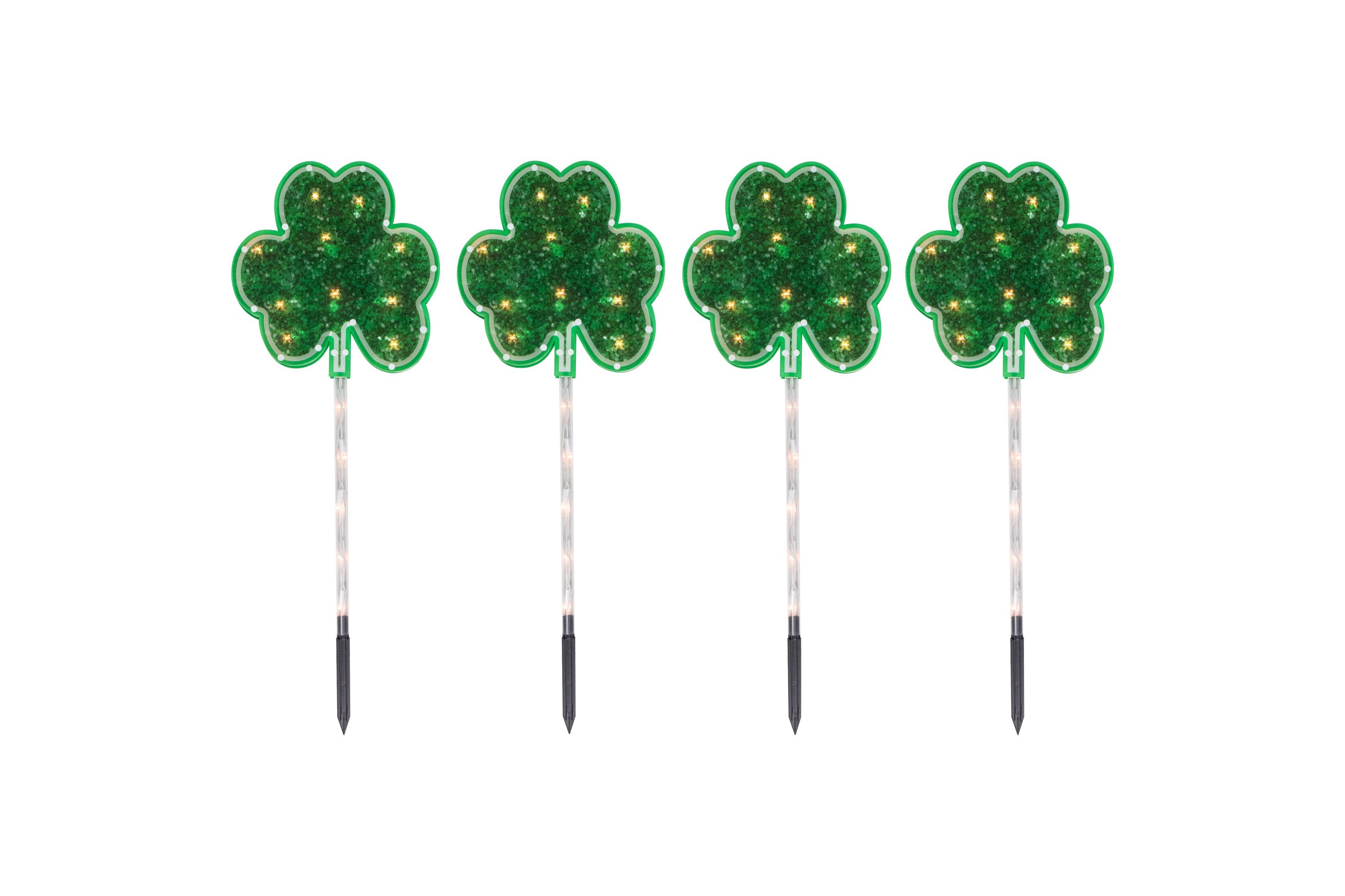 4ct Green Shamrock St Patricks Day Pathway Marker Lawn Stakes  Clear Lights