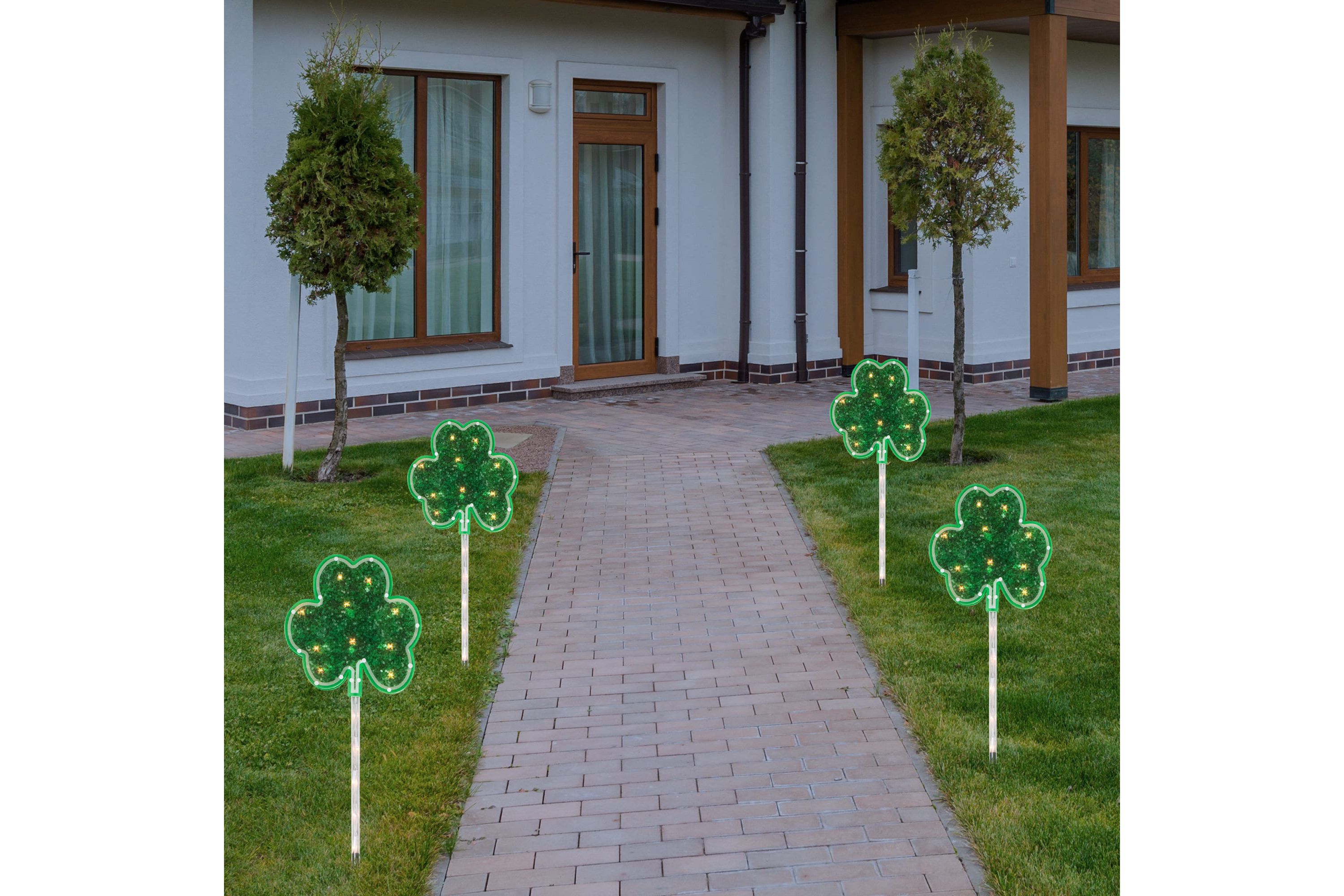 4ct Green Shamrock St Patricks Day Pathway Marker Lawn Stakes  Clear Lights
