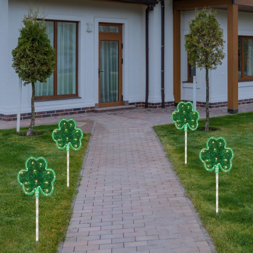 4ct Green Shamrock St Patricks Day Pathway Marker Lawn Stakes  Clear Lights