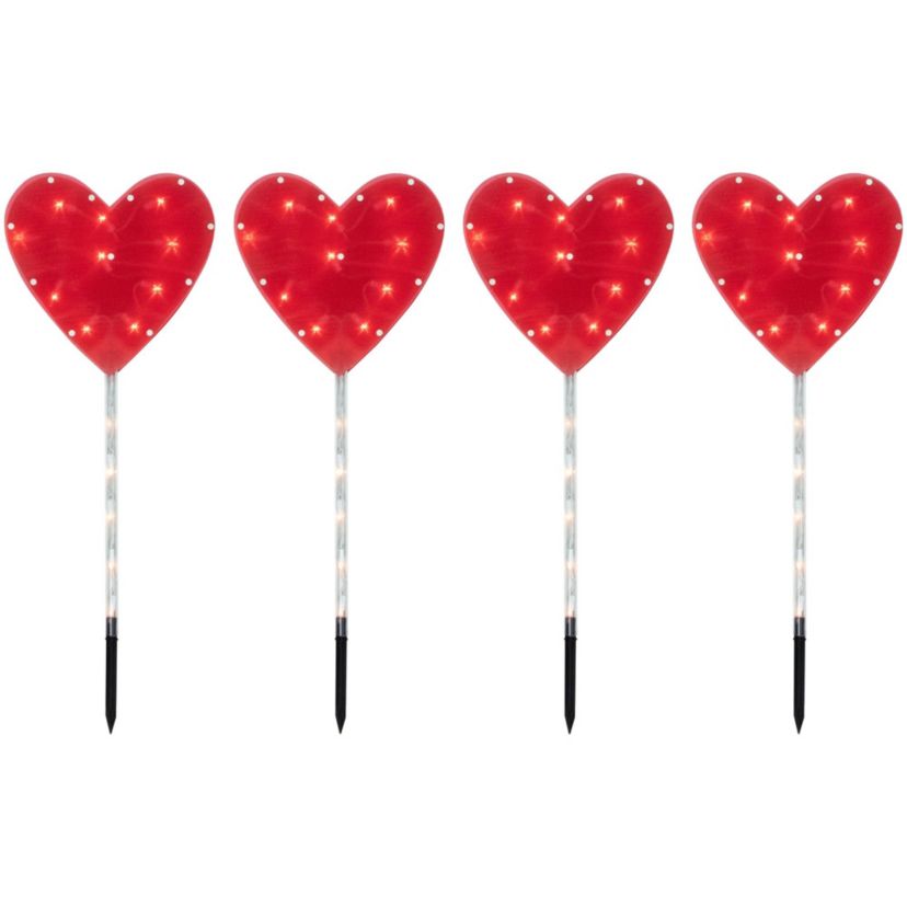 4ct Red Heart Valentines Day Pathway Marker Lawn Stakes  Clear Lights