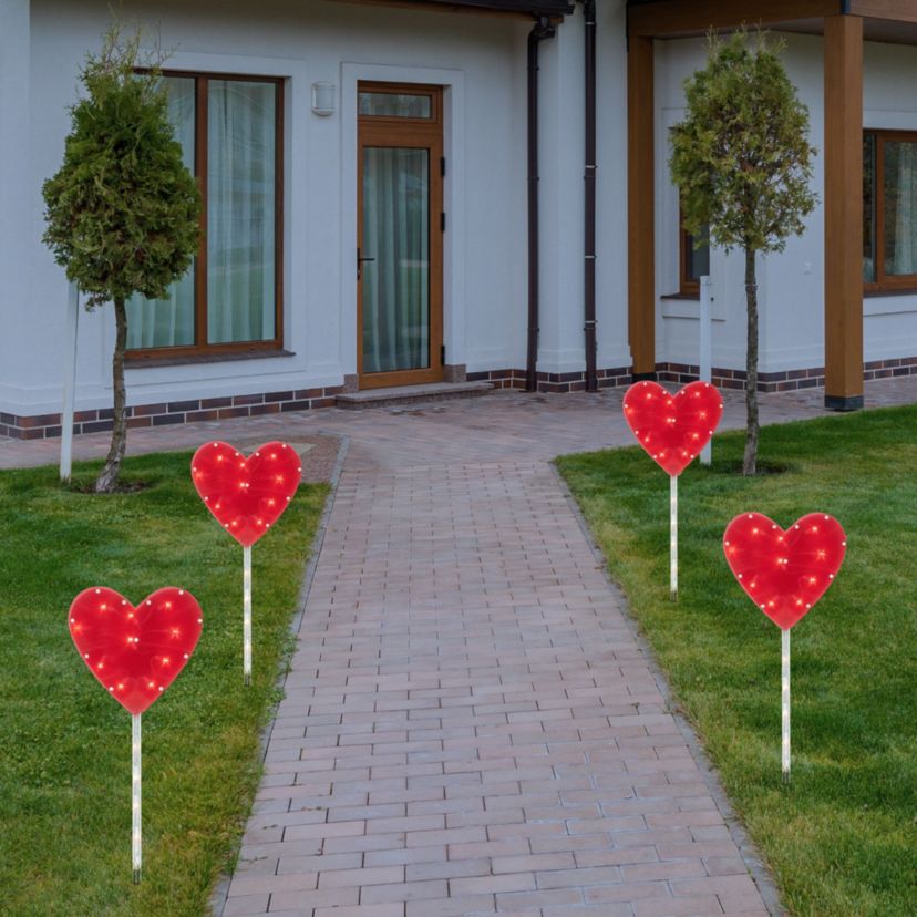 4ct Red Heart Valentines Day Pathway Marker Lawn Stakes  Clear Lights
