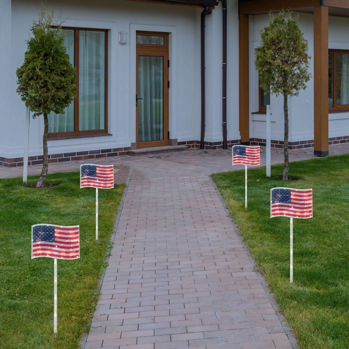 Lighted Patriotic Flags Pathway Marker Lawn Stakes - 28" - Clear Lights - 4ct