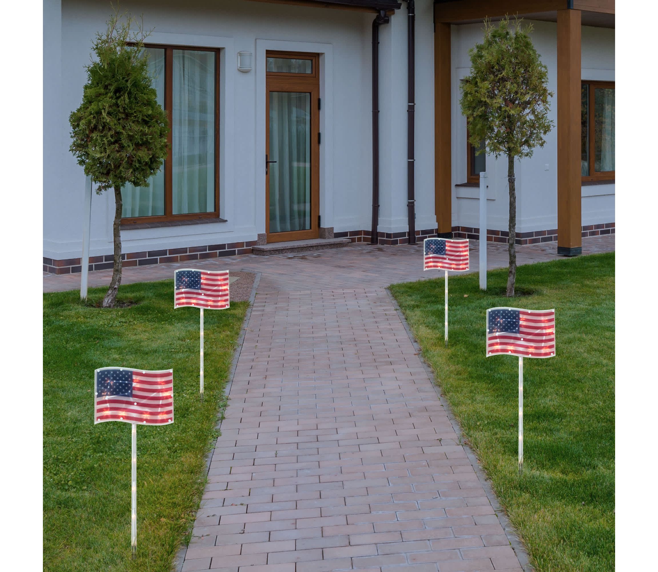 Lighted Patriotic Flags Pathway Marker Lawn Stakes - 28" - Clear Lights - 4ct