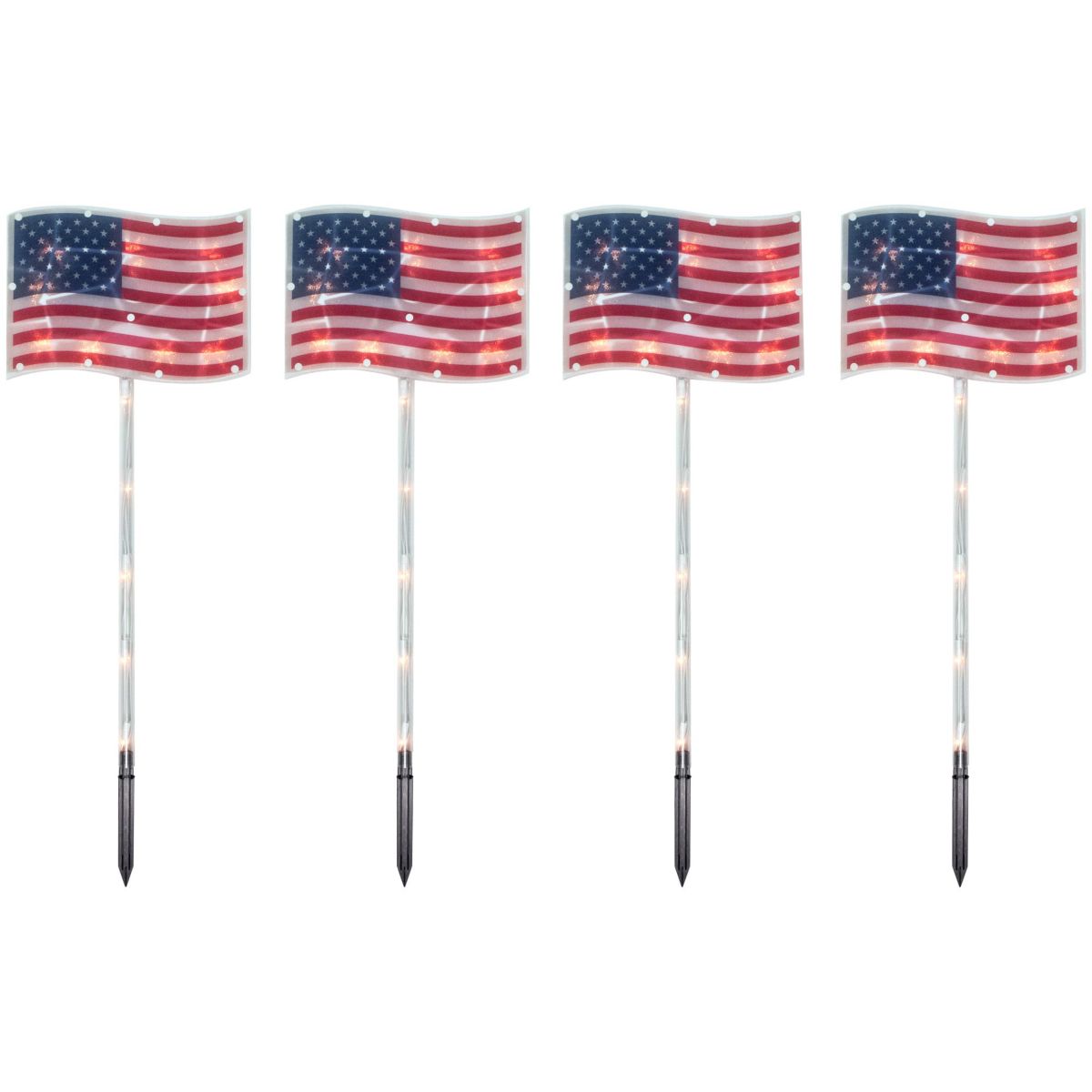 Lighted Patriotic Flags Pathway Marker Lawn Stakes - 28" - Clear Lights - 4ct