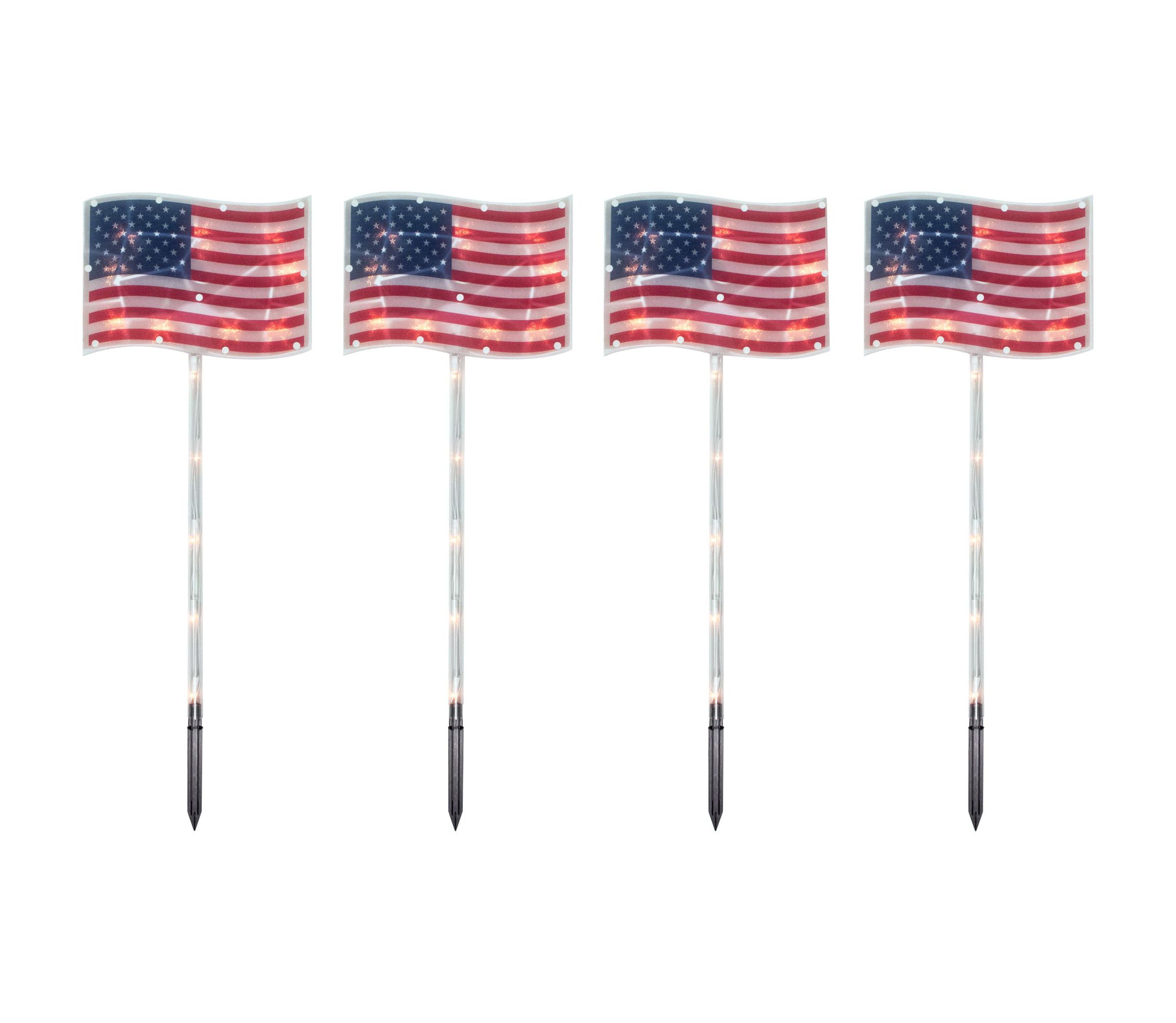 Lighted Patriotic Flags Pathway Marker Lawn Stakes - 28" - Clear Lights - 4ct
