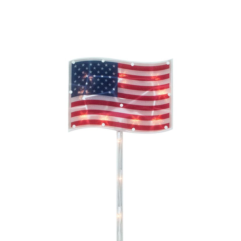 Lighted Patriotic Flags Pathway Marker Lawn Stakes - 28" - Clear Lights - 4ct