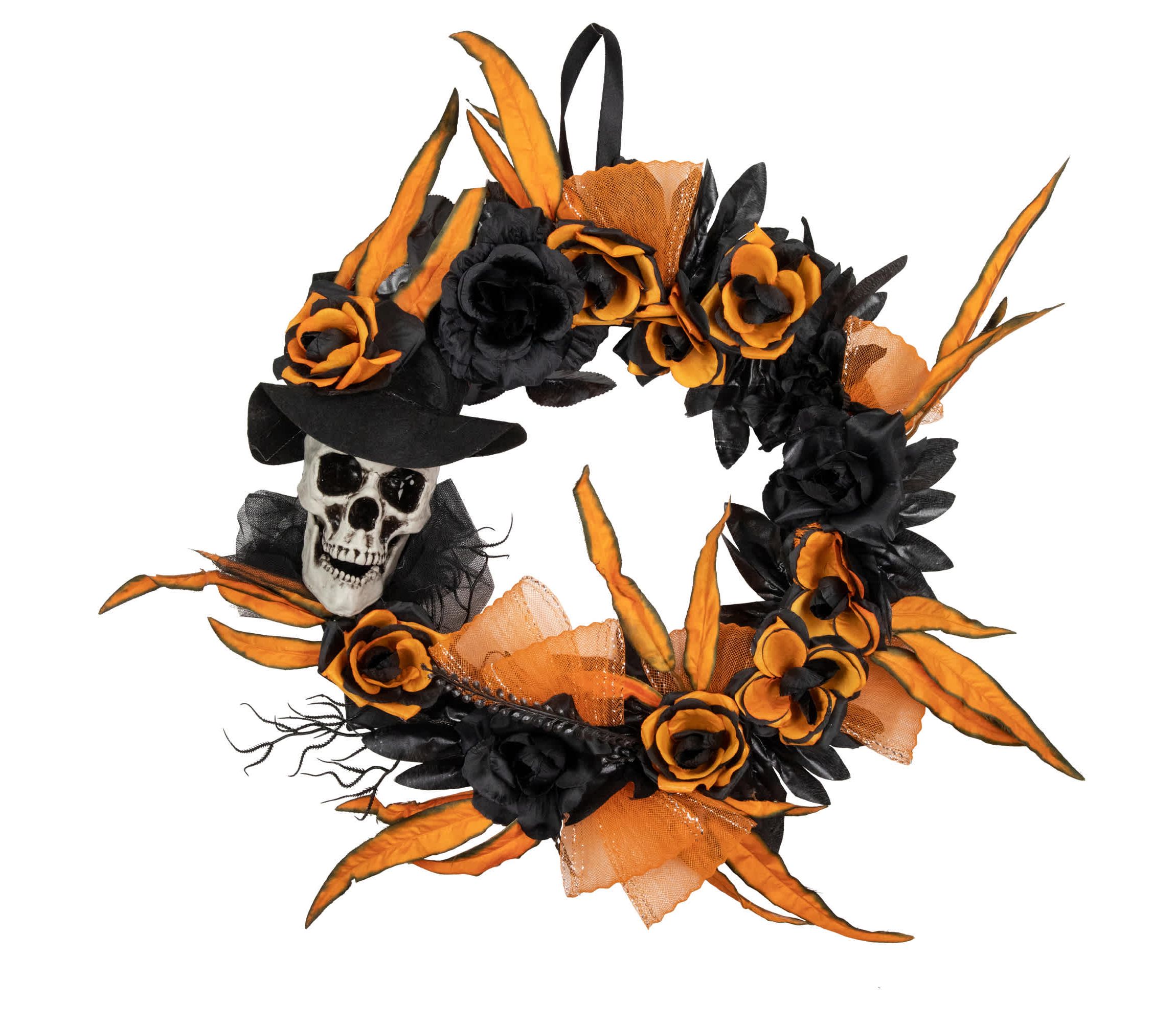 Skull with Black and Orange Roses Halloween Wreath  14-Inch  Unlit
