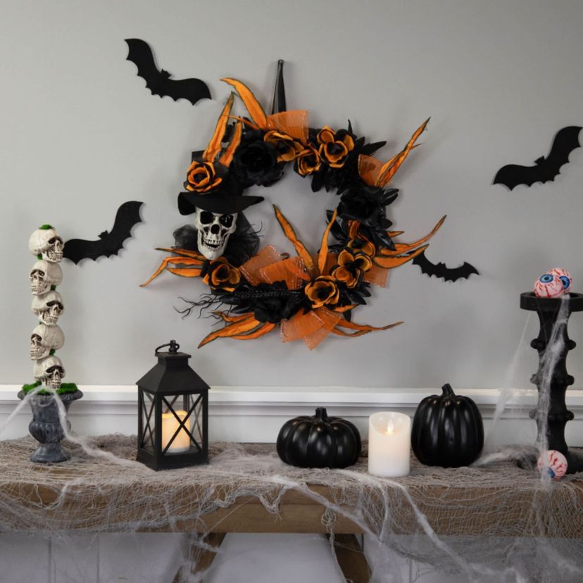 Skull with Black and Orange Roses Halloween Wreath  14-Inch  Unlit